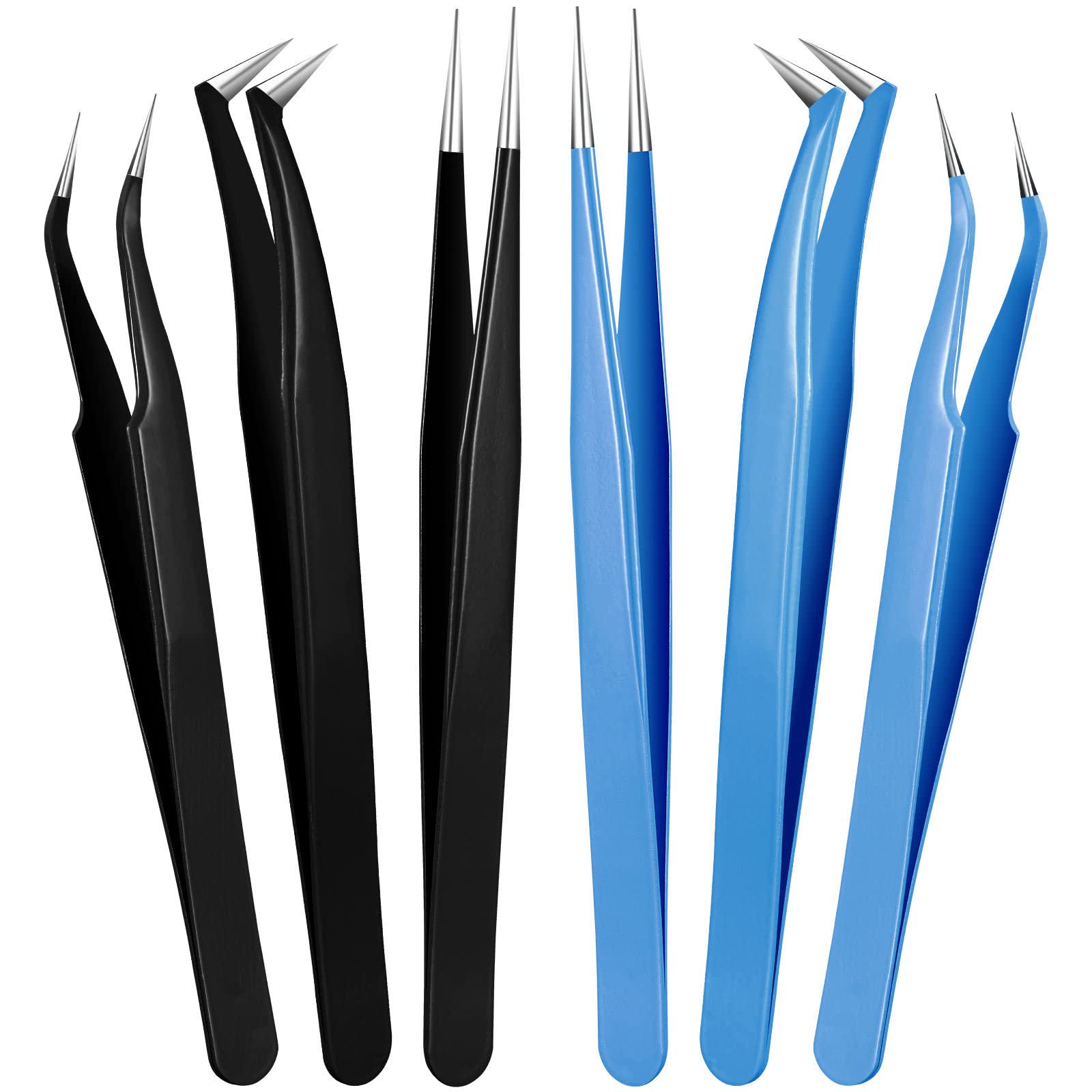 Honoson 6 Pieces Lash Eyelash Extension Tweezers Set, Black, Blue