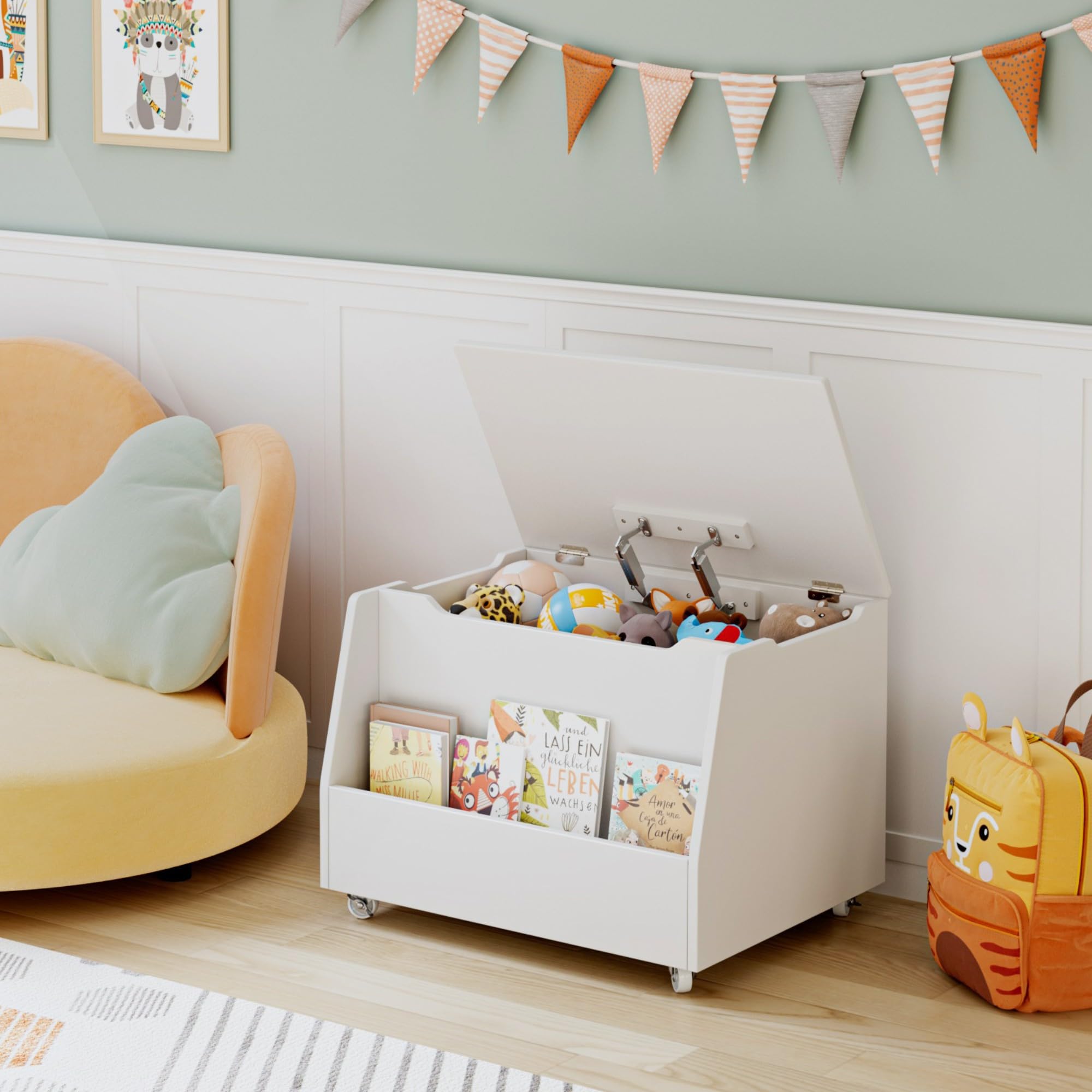 HOCSOK Kinderregal mit Rollen, Regal Kinderzimmer mit Bücherregal, Spielzeugkiste aus Holz für Schlafzimmer Kindergarten, Weiß