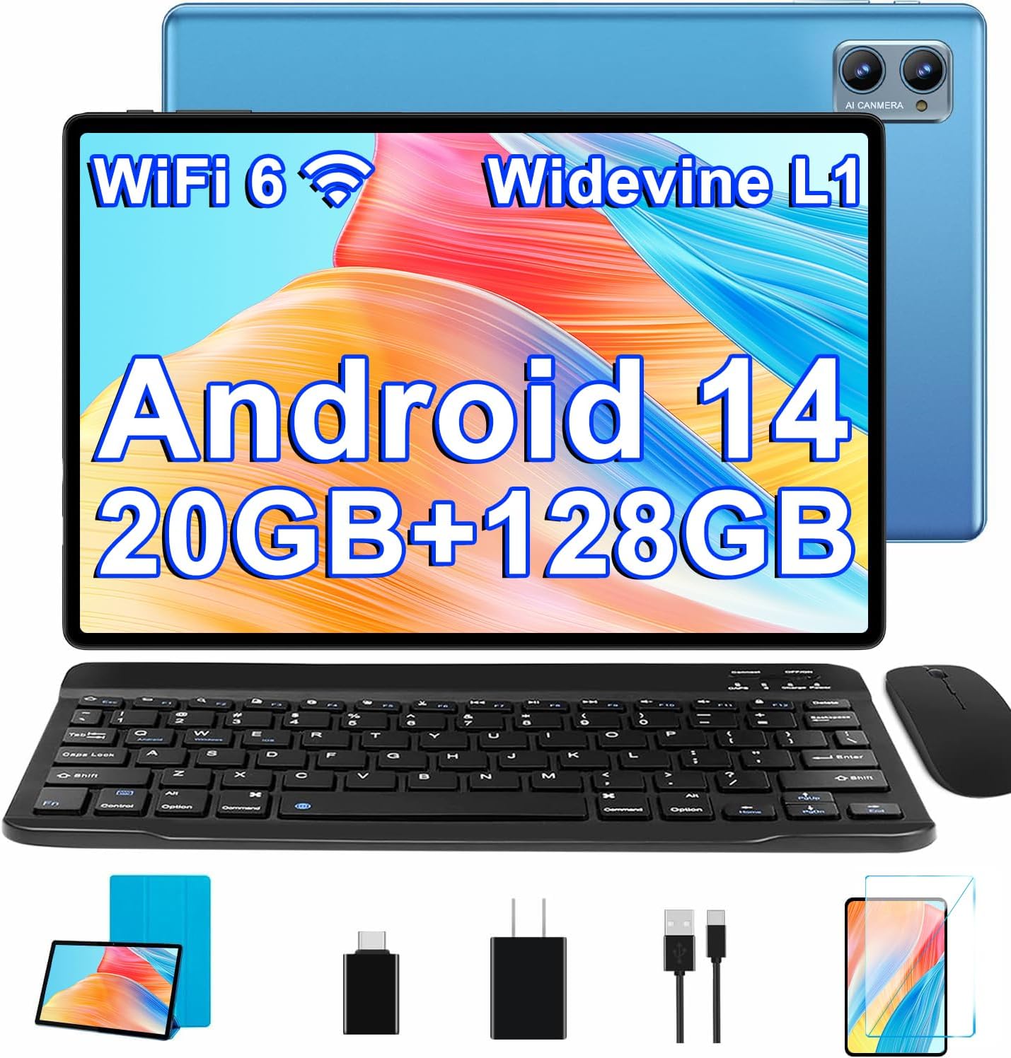 2025 Tablet 10 inch Android 14 Tablets with Keyboard Mouse, 20GB RAM 128GB ROM 1TB Expand 2 in 1 Tablet with Octa-core 6000mAh, HD IPS Display, Widevine L1, 5G WiFi 6, Dual Camera, GMS (Blue)