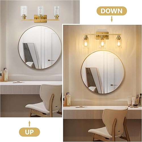 Miniatura 2 de Jonsi 3 luces de tocador de baño de oro cepillado con pantalla de vidrio estriado, luces de baño doradas modernas sobre espejo
