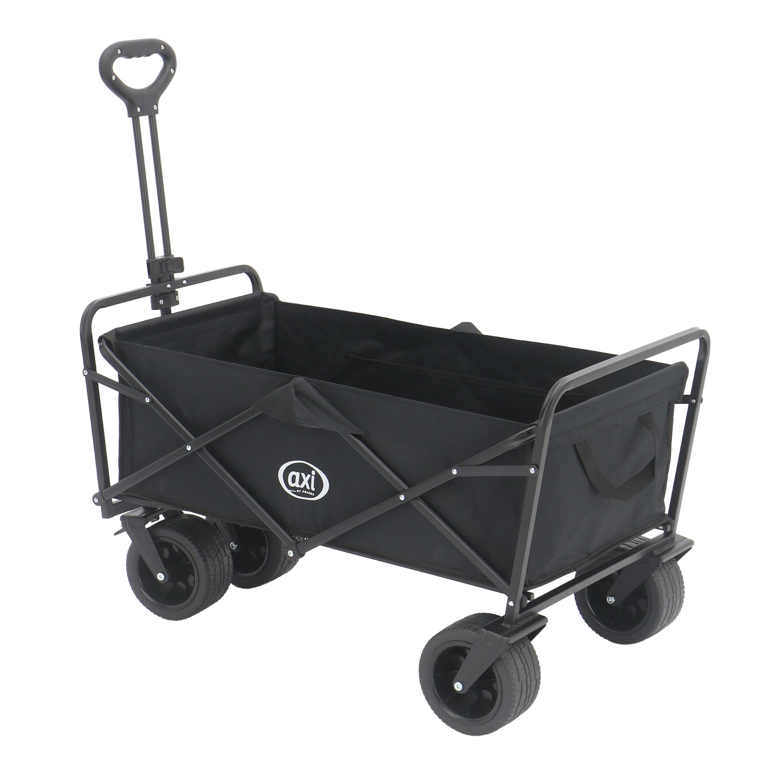 AXI SB131 Faltbarer Bollerwagen in Schwarz | Handwagen Klappbar/Faltbar mit Zugstange, Gurt, Hülle, Innentasche & Getränkehalter - PP Gummireifen | Kapazität: 100 l