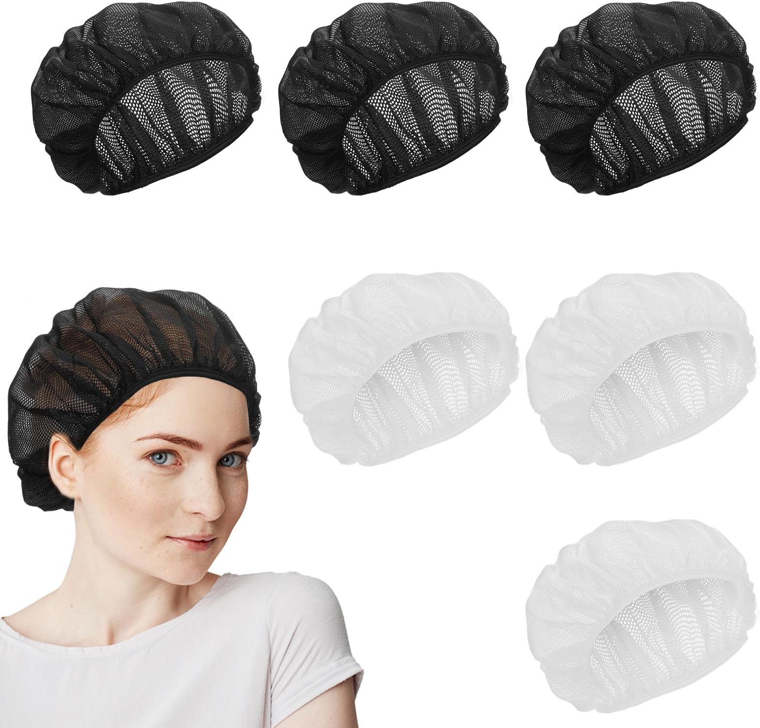 Unisex Chef Hat, 6 Pieces Elastic Chef Hats for Women Adjustable Kitchen Cooking Hat Food Service Mesh Hair Cover Nets for Women Men Work, Black + White