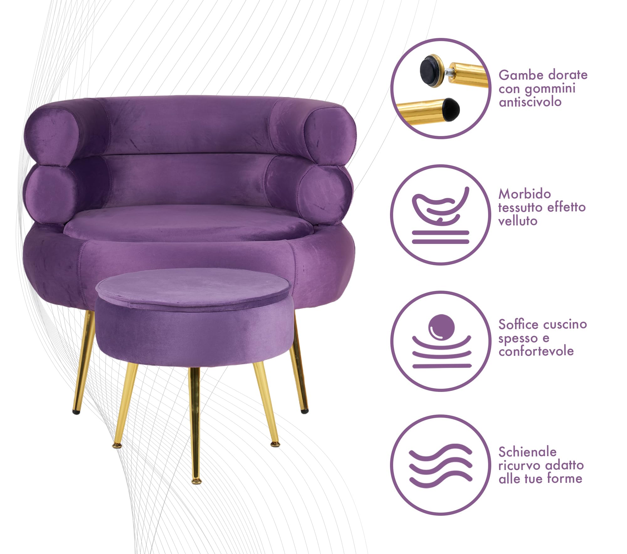 IlGruppone Poltrona Camera da Letto e Salotto in Velluto con Poggiapiedi Contenitore - Poltroncina Relax Moderna con Gambe in Metallo Placcato Oro - Design Moderno - Viola