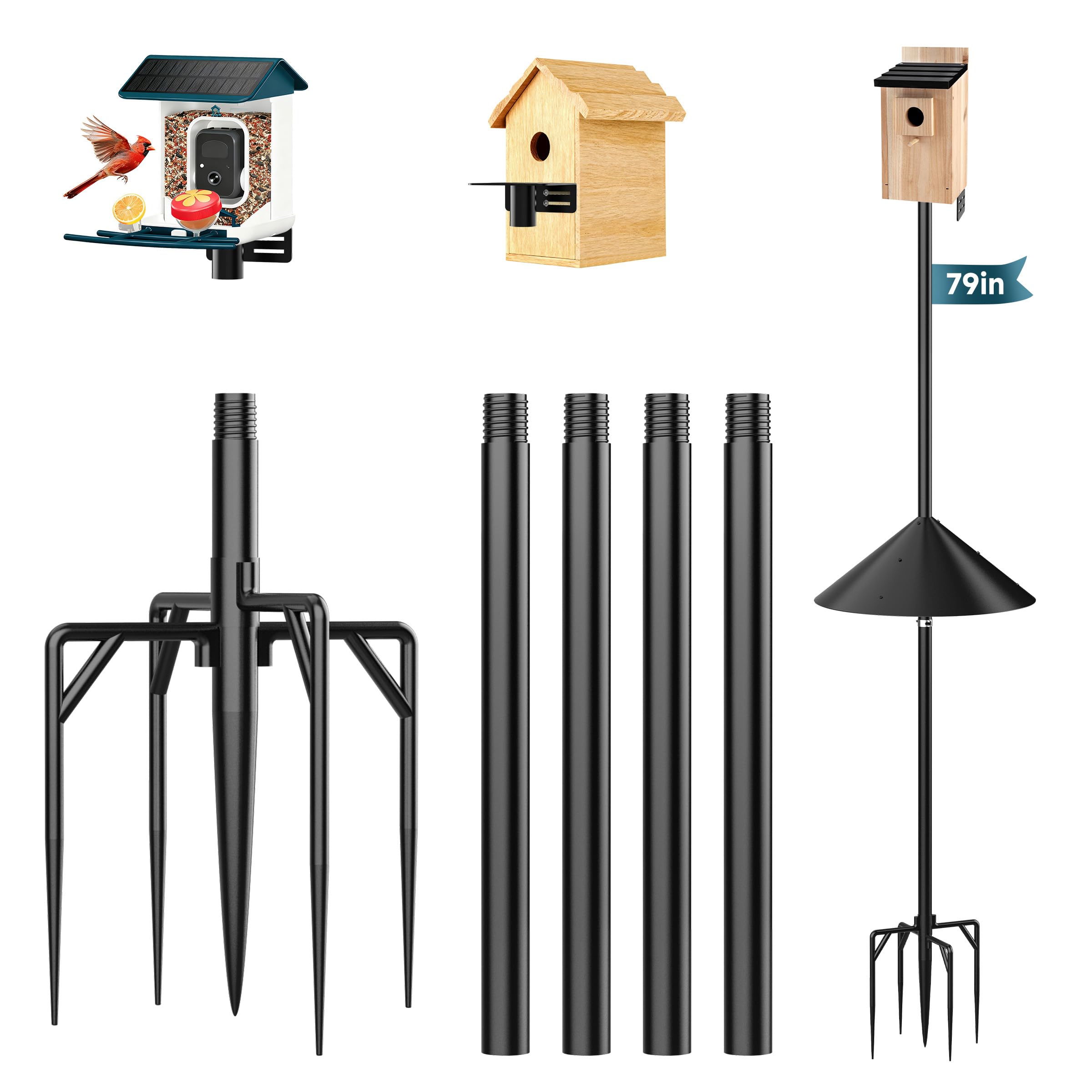 79" smart bird feeder pole stand with 19" proof squirrel baffle - dia 1 inch bird house pole for camera birdfeeder, feeding station for outdoors heavy duty, compatible post mount
