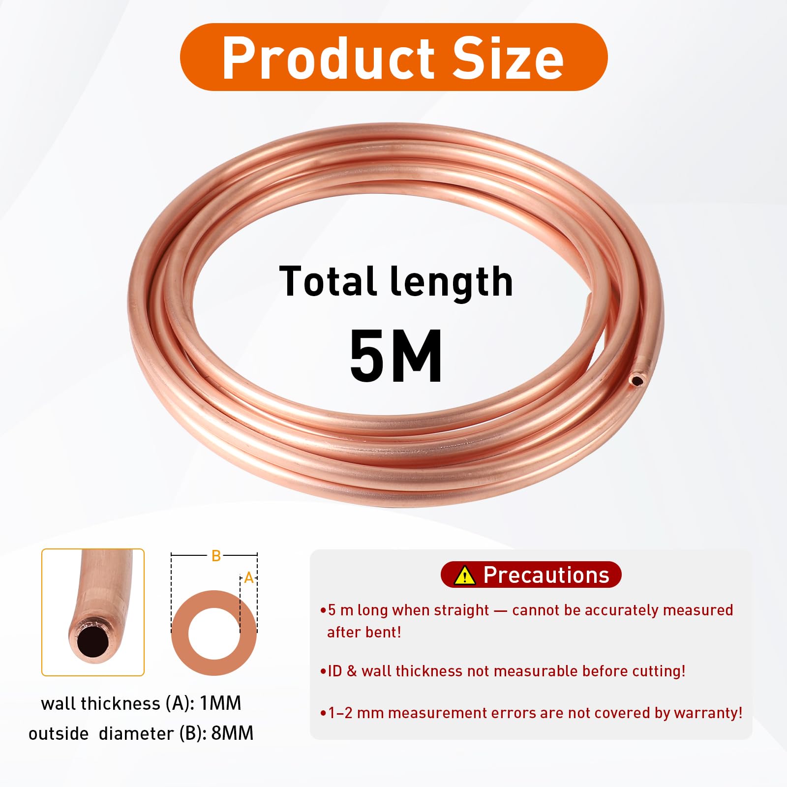 EXLECO Tubo de cobre suave OD 8mm x ID 6mm x Grosor 1mm. Tubo de cobre suave en anillo con buena ductilidad. Espiral de cobre, tubo de agua, tubo de gas, tubo