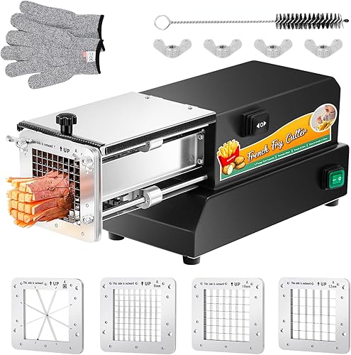 Huanyu Cortador de papas fritas comercial, cortador eléctrico de papas, cortador profesional de acero inoxidable con 4 cuchillas para papa, batata,