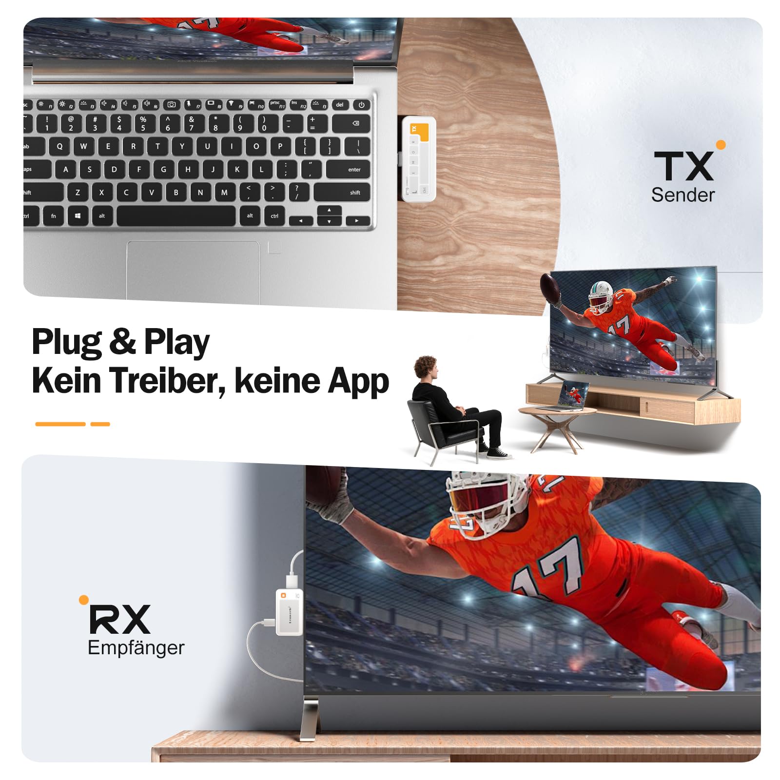Lemorele Wireless USB C Transmitter and HDMI Receiver, 5G 50M Plug & Play HDMI Funkübertragung für Streaming Video Audio von DP-fähigem USB-C Laptop/Notebook zu Monitor/Projektor