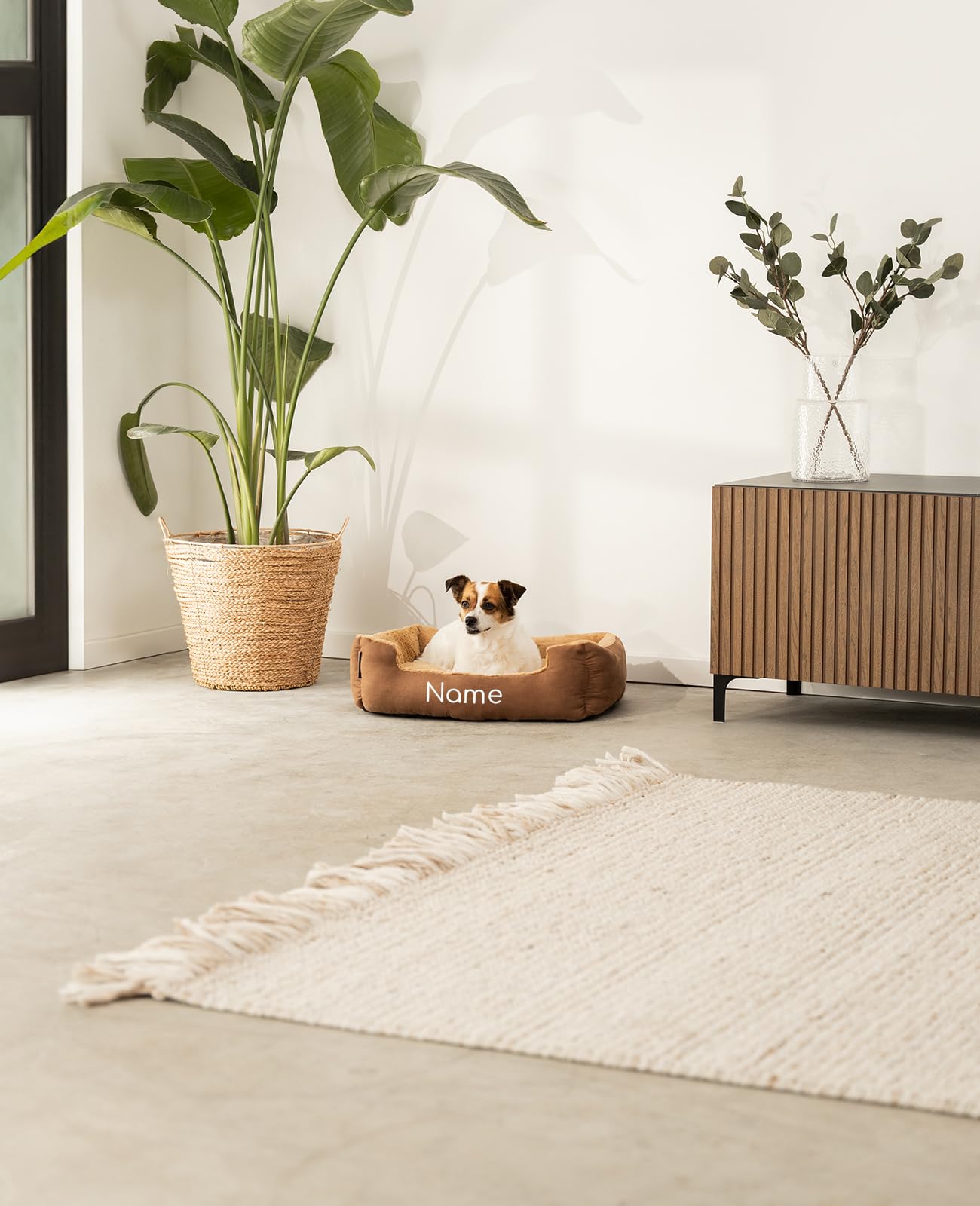 lionto Cama para Perros con cojín Reversible y Base Antideslizante, cojín para Mascotas con Entrada Baja para Perros y Gatos, 60x48 cm, cojín para Perros Acogedor, marrón/Beige (con Nombre Impreso)