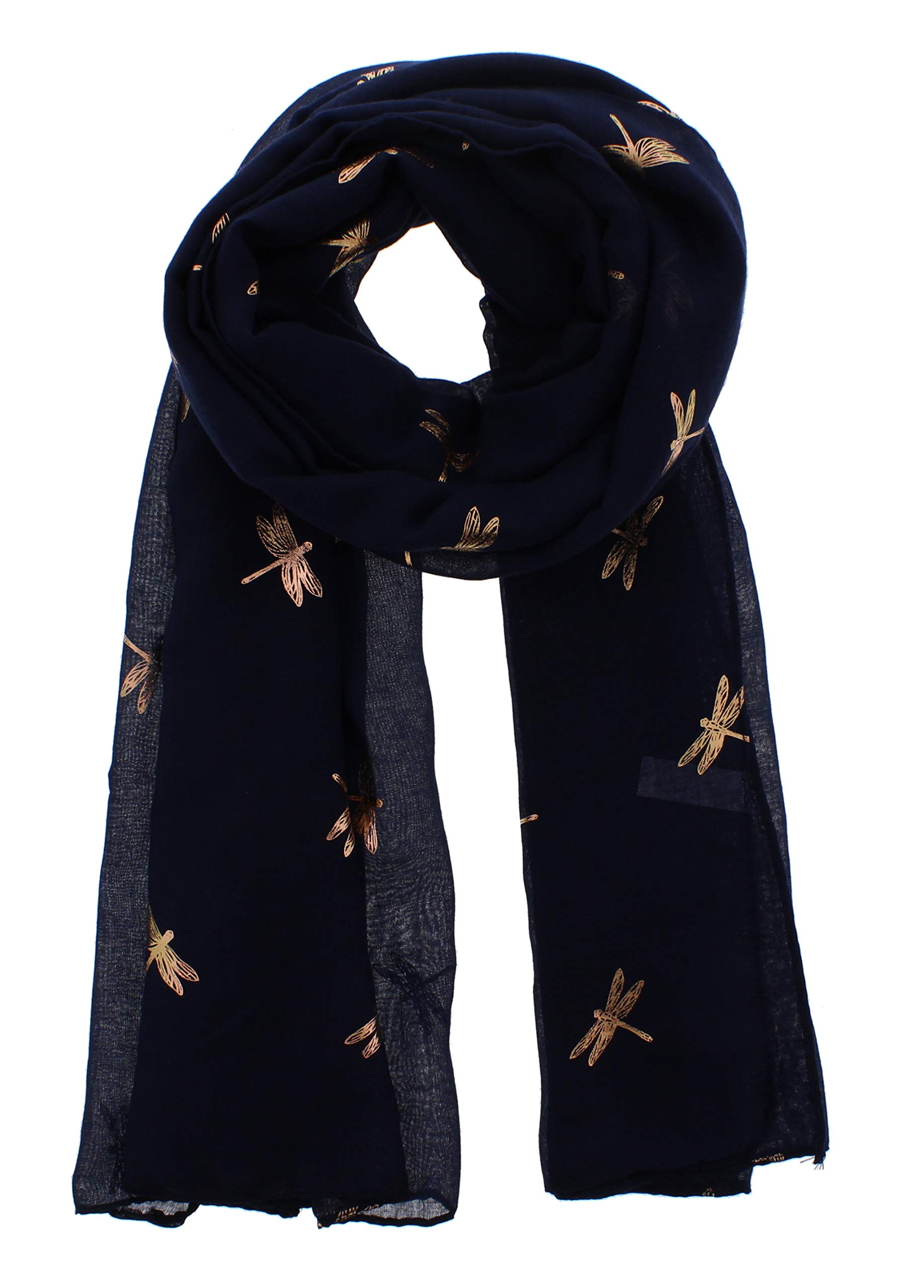 Zac's Alter Ego Women's Navy Blue With Gold Dragonflies Scarf With Rose Gold Metallic Foil Dragonfly Print