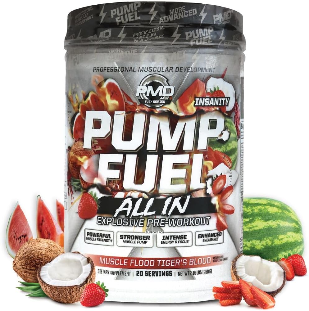PMD Sports Pump Fuel ALL IN Insanity, Ultimate Pre Workout Powder & Muscle Pump, Maximum Strength Energy, Focus, Endurance & Recovery, Creatine & Beta Alanine - Muscle Flood Tiger’s Blood, 20 Servings