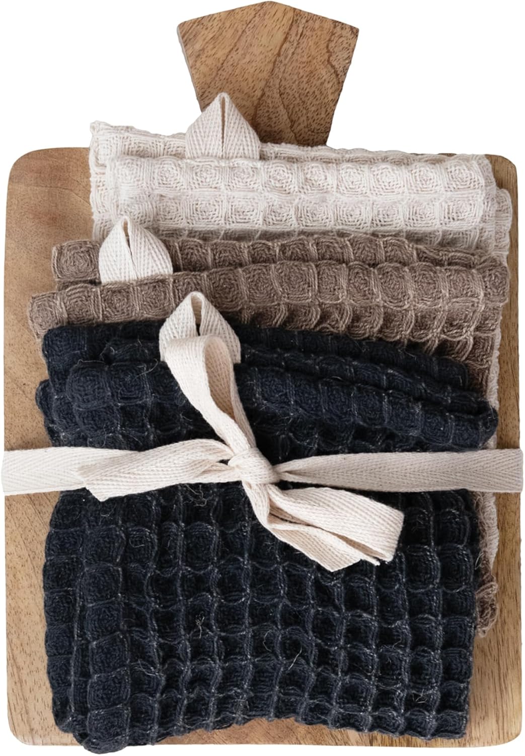 Creative Co-Op Stonewashed Cotton Waffle Weave Dish Cloths & Mango Wood Serving Board Set, Multicolor