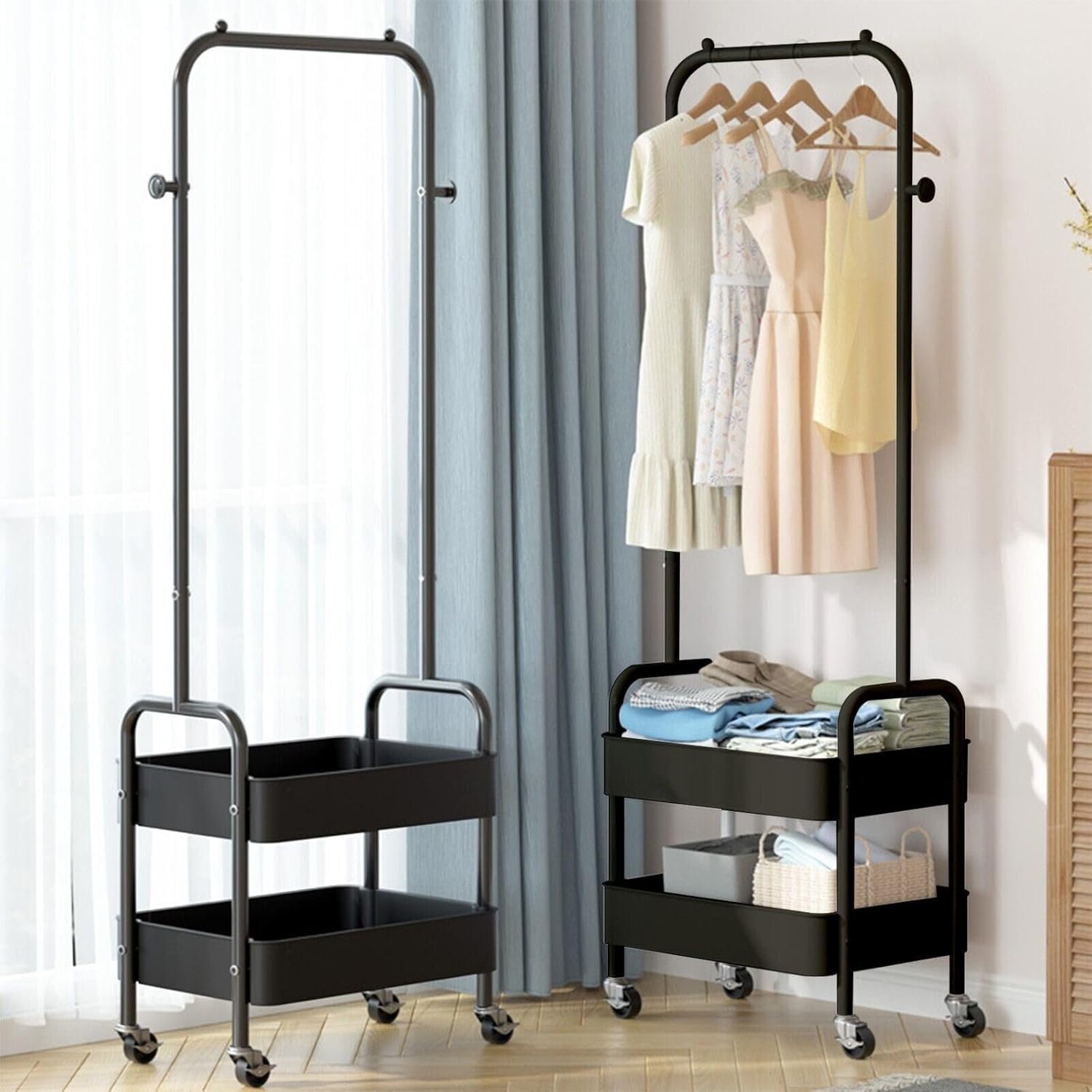 HYGRAD BUILT TO SURVIVE Metal Clothes Rack On Wheels Portable Clothes Rail For Hanging Clothes With Shoe Storage Shelfs Portable Clothes Rack Caddy For Bedroom Wardrobe, Black