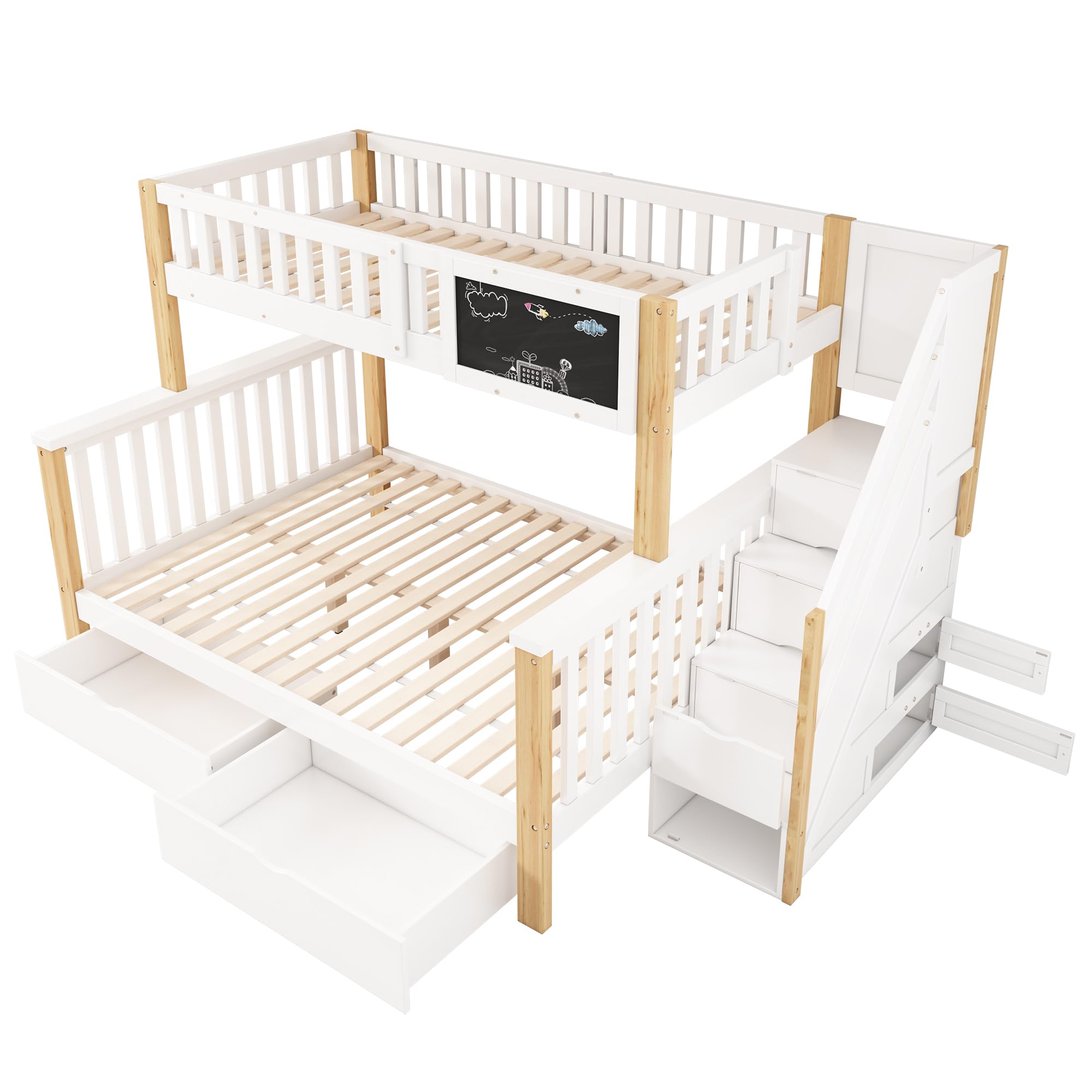 Moimhear Letto a castello per bambini, matrimoniale, multifunzione, con piano e cassetti, 90 x 200 + 140 x 200 cm (bianco + rovere chiaro)