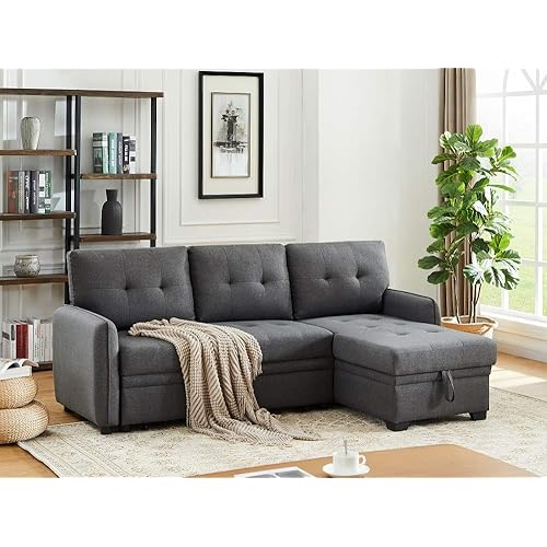 INFINI FURNISHINGS Reversible Storage Chaise Lounge 84" Wide Sectional Sofa with Pull Out Sleeper Bed, Dark Gray