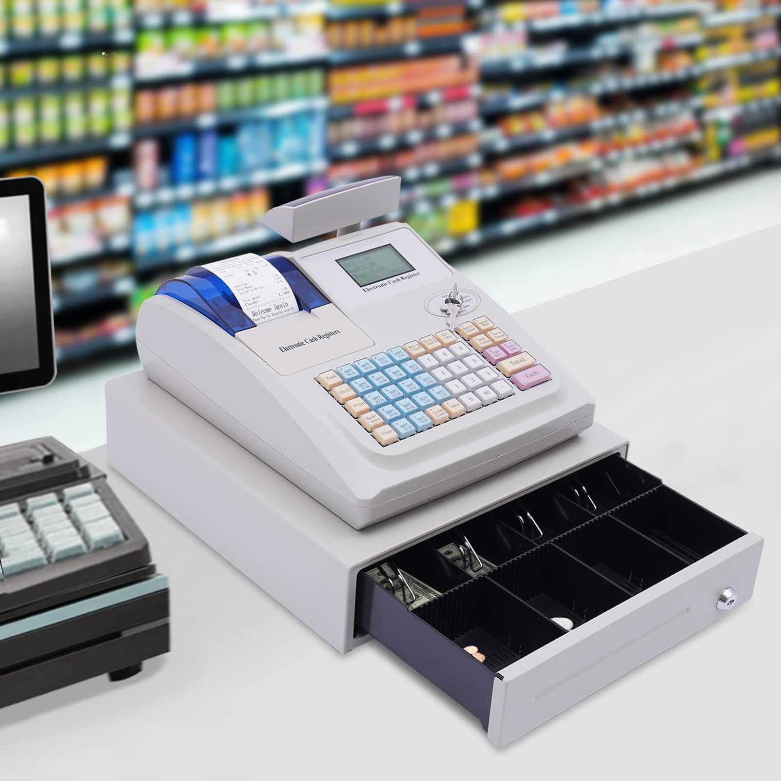 Caja registradora electrónica, Caja registradora para pequeñas Empresas, Sistema TPV, 48 Teclas, Caja registradora LED Digital, para restaurantes, supermercados, comercios minoris