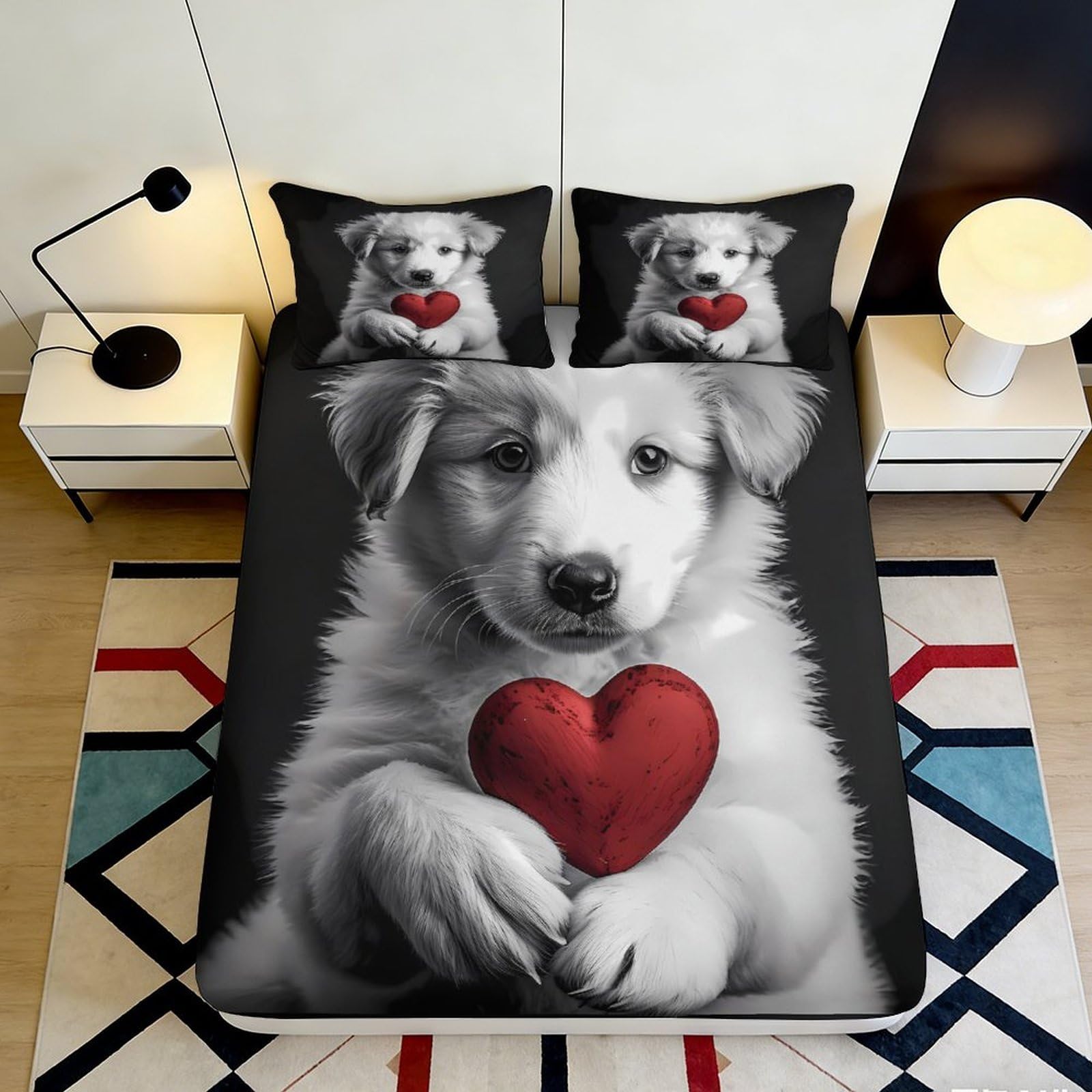 3D Printed Puppy Heart Fitted Sheet Microfiber Deep Pocket Bedroom Bedding for Adults Teens, Non-Slip Dog Style Mattress Fitted Cover, Washable Full Wrap Mattress Protection 200x200x25cm 90x200x25cm