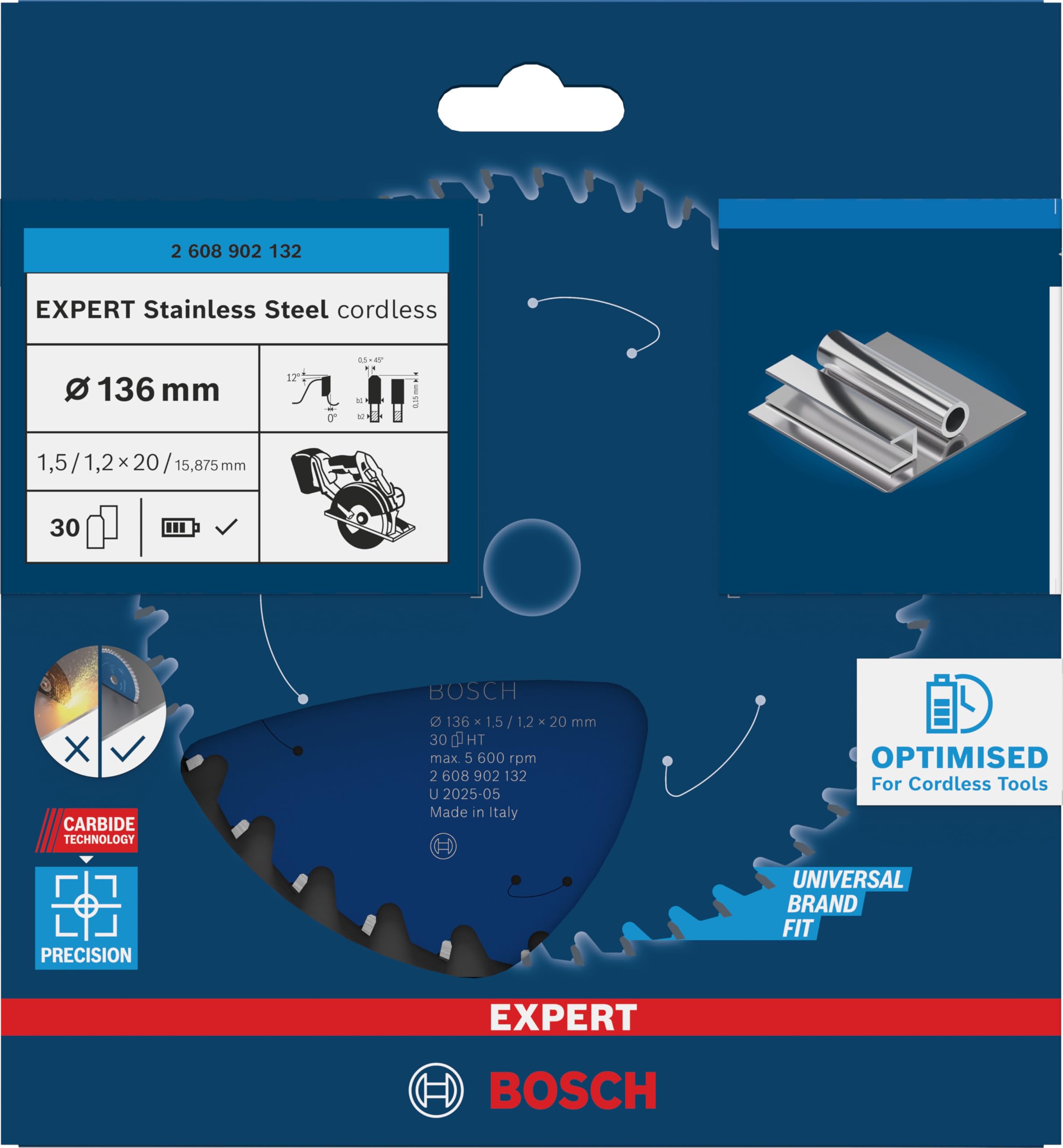 Bosch 1x Hoja de sierra circular EXPERT Stainless Steel cordless para cortador de mano en seco (para Acero inoxidable, Ø mm, Professional Accesorios Sierras cortadoras en seco de mano sin cable)