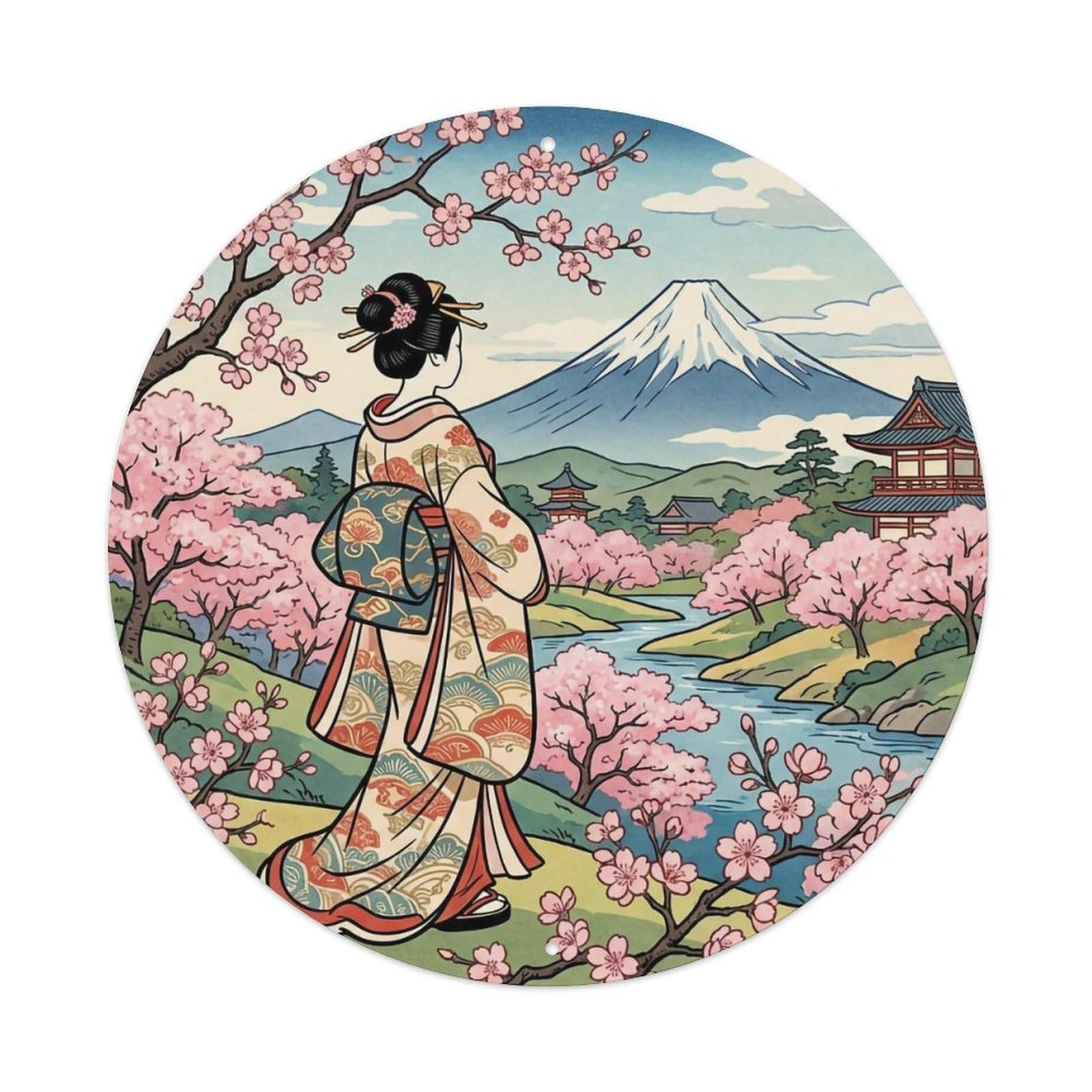 Yrnq 8X8inch Vintage Style Japanese Geisha Fuji Cherry Blossoms Distant View Metal Tin Sign