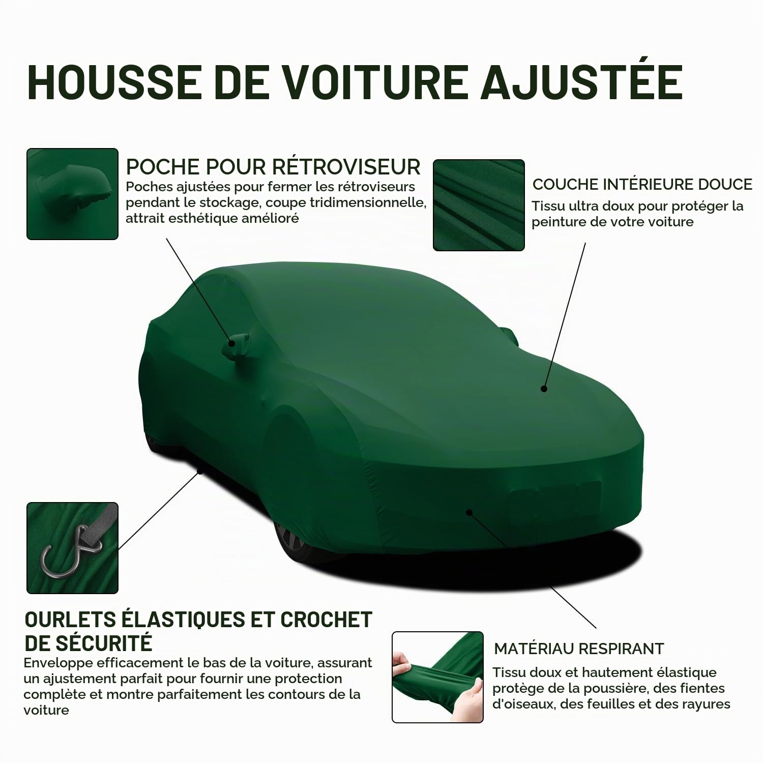 WinPower Interieur Bache Voiture Anti-Poussière Respirant Élastique Couverture Housse de Auto Doux Anti-Rayures Berline Bâche Protection Voiture pour Garage Exposition, 4.61-4.89M, 1Pc