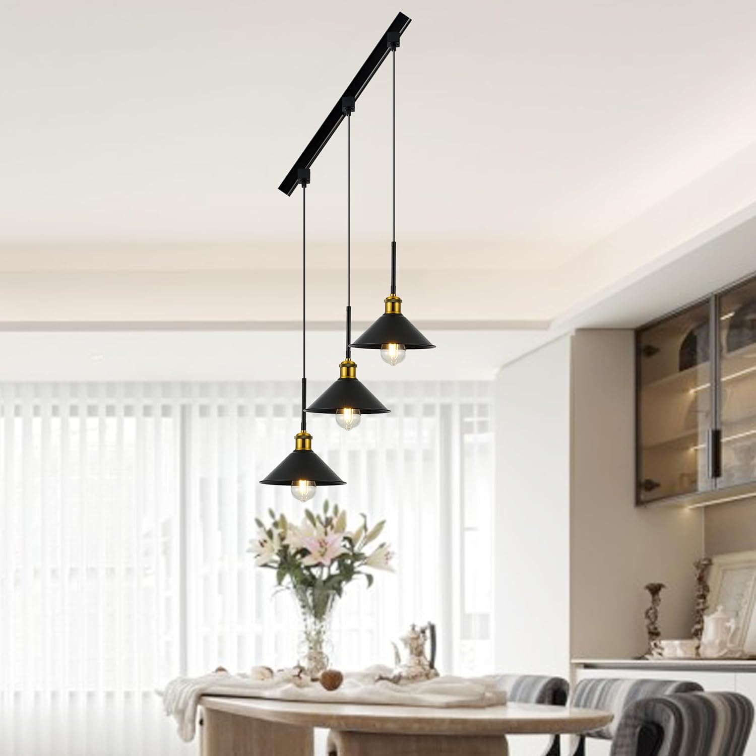 H Type Track Pendant Lighting Black Industrial Ceiling Track Hanging Light Fixtures Pendant, Compatible with H Type Track Lighting Rail, E26 Socket,3 Pack (Bulbs Not Included)