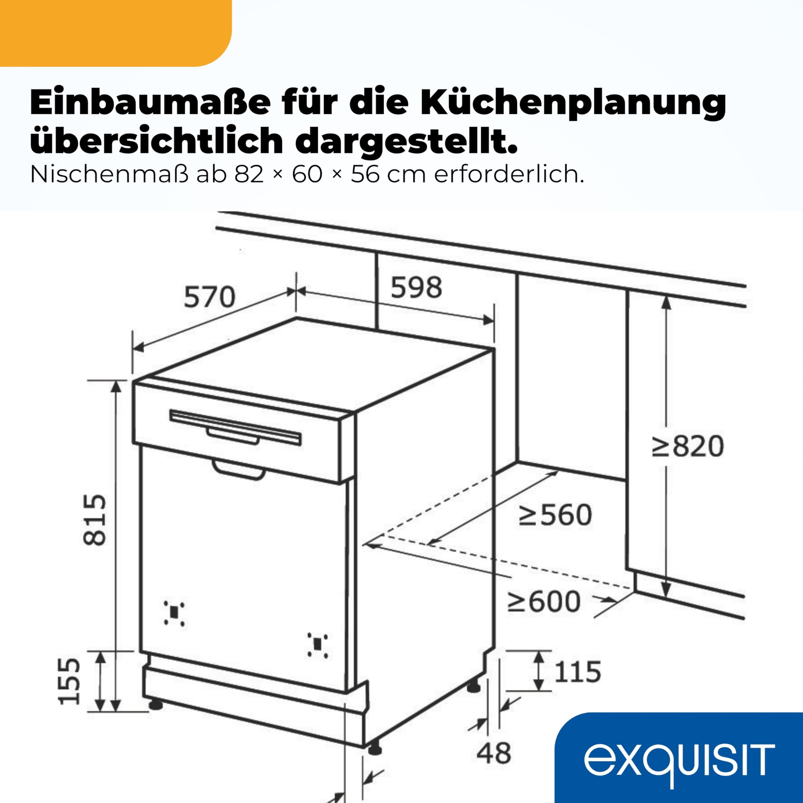 Exquisit EGSP56312 Einbau-Geschirrspüler - Teilintegriert 60 cm, 12 Gedecke | Spülmaschine mit 7 Programmen, Aquastop und Startzeitverzögerung. Inox-Blende, Halbe Beladung sowie LED-Display.