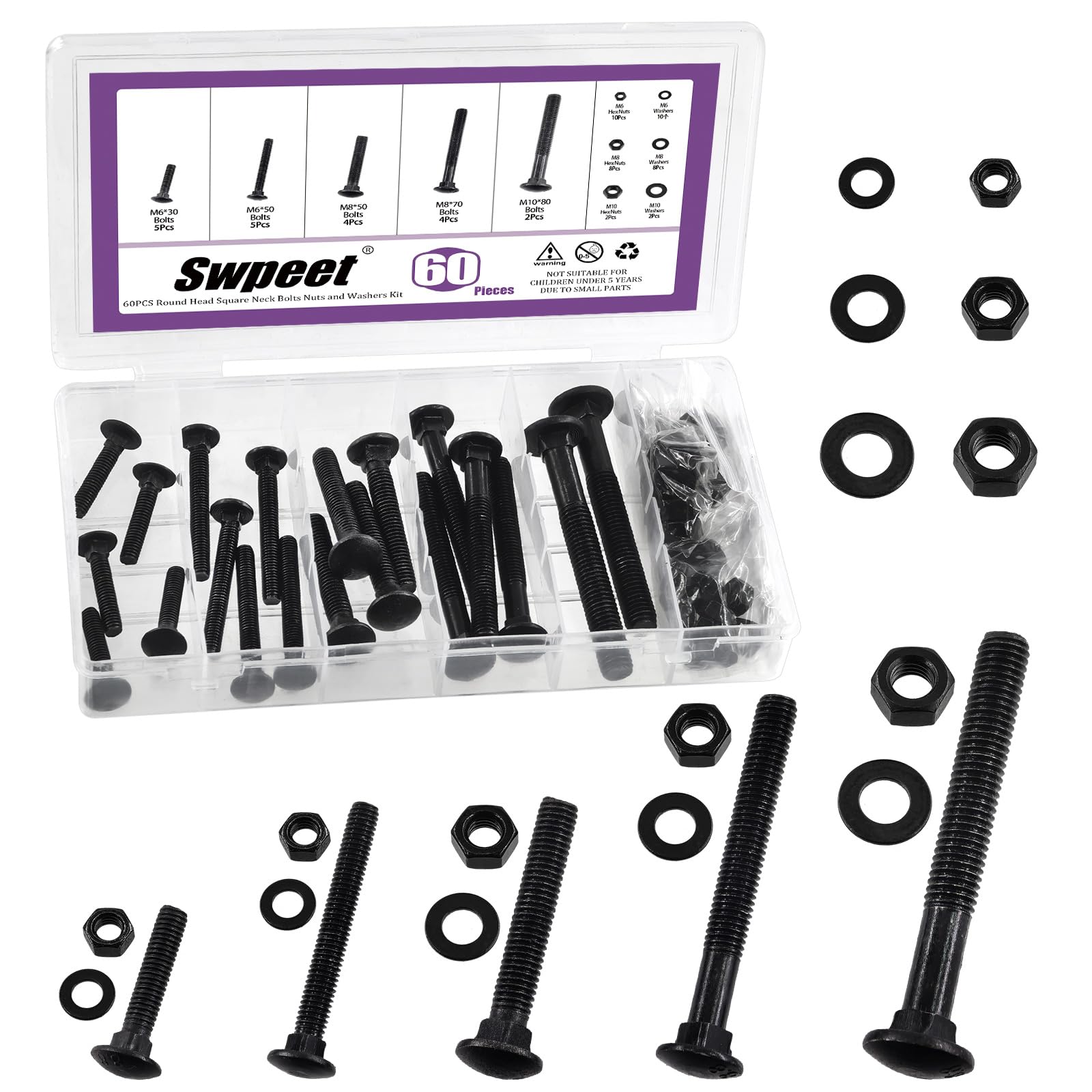 Swpeet 60Pcs 5 Sizes M6×30 M6×50 M8×50 M8×70 M10×80 Black Zinc Carriage Bolts Screws Nuts Washers Assortment Kit, Round Head Square Neck Screws, Full Thread Carriage Bolts