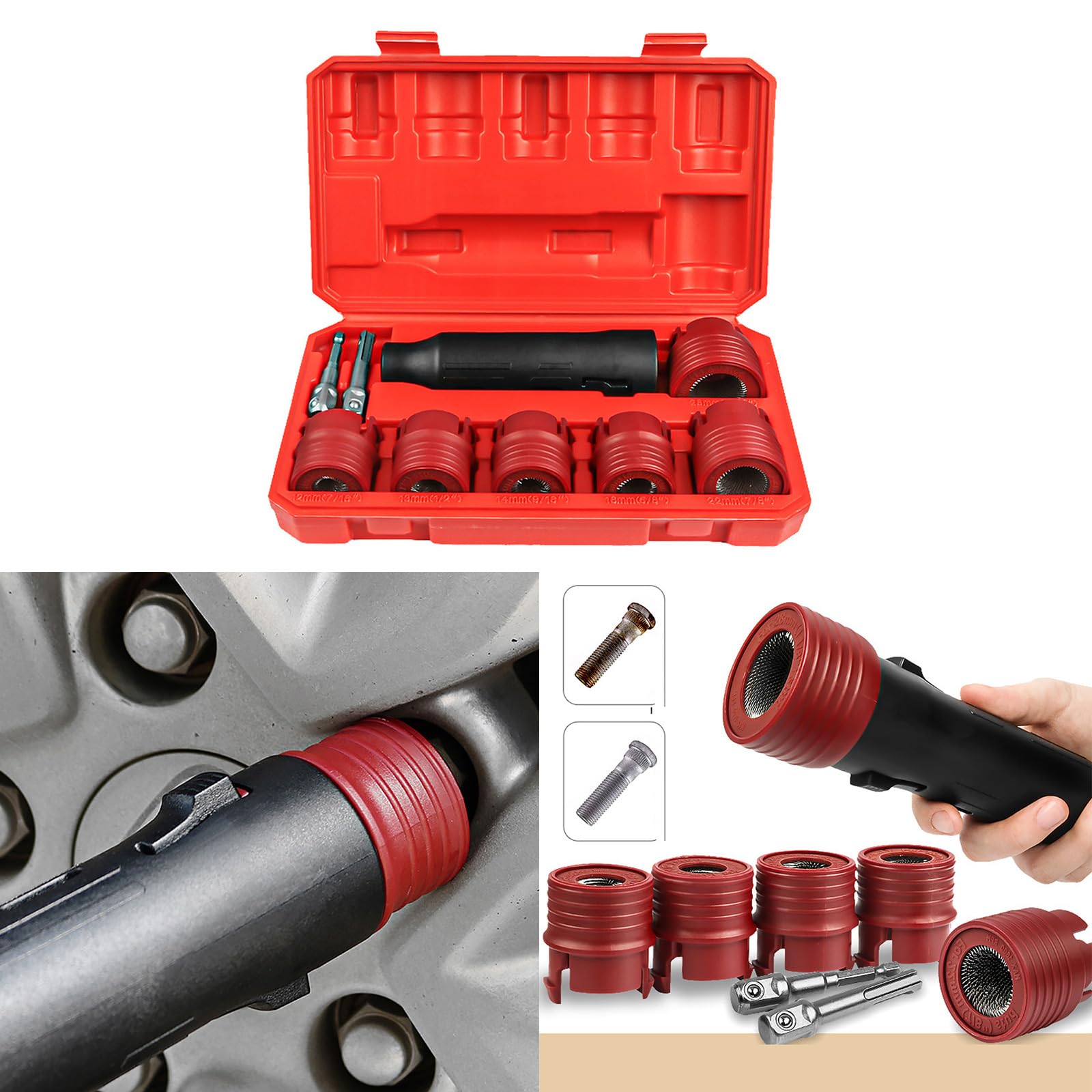 SZYDD 9pcs Automotive Wheel Studs Cleaner Brush Set Car Wheel Hubs Studs Tool Simple to Use for rusts & Debris Removal Rust Removal Brush