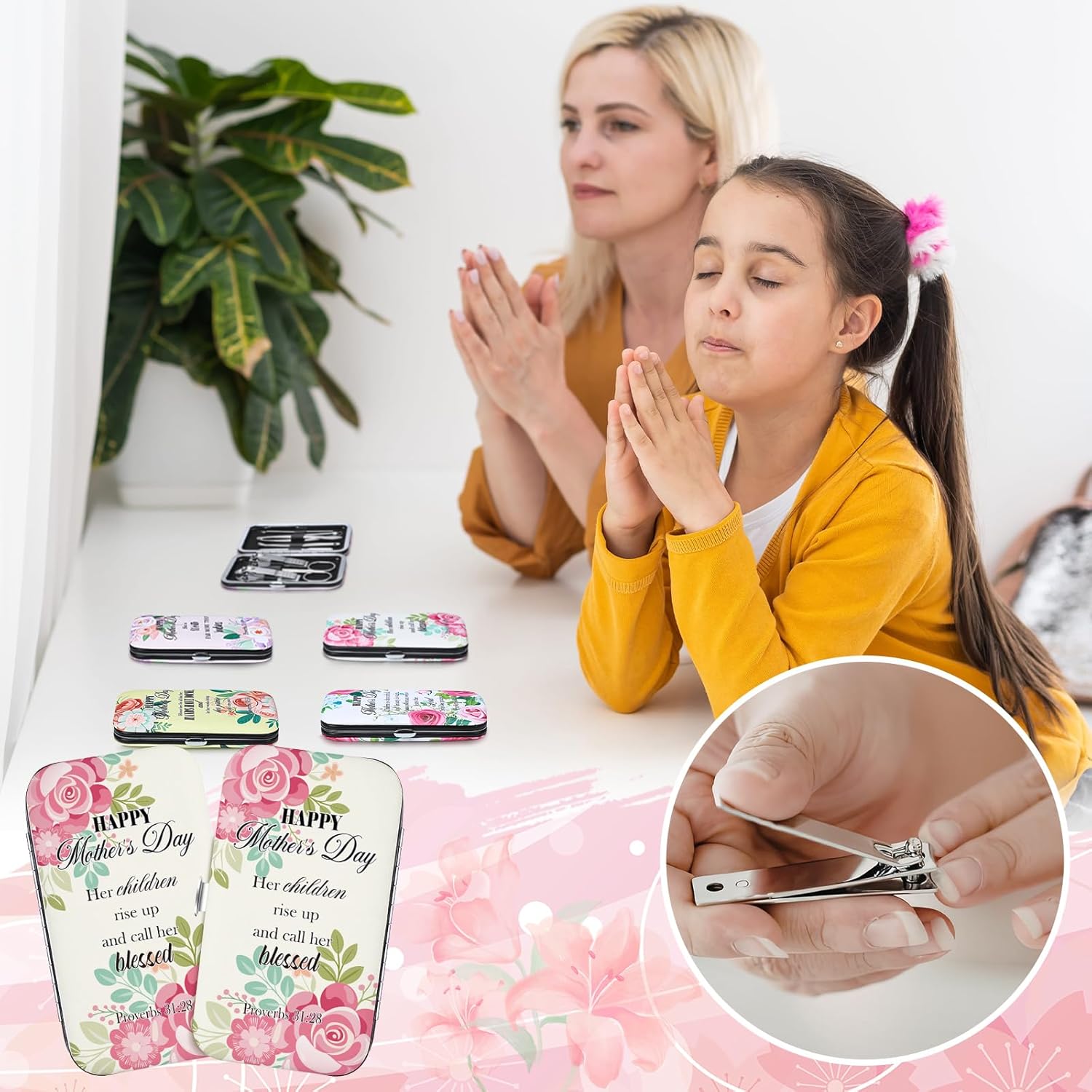 Chumia 20 Sets Mother's Day Christian Nail Set Bulk Bible Scripture Manicure Kit Stainless Steel Nail Clipper Set Happy Mother's Day Floral Religious Christian Gift for Mom Women Church Supplies