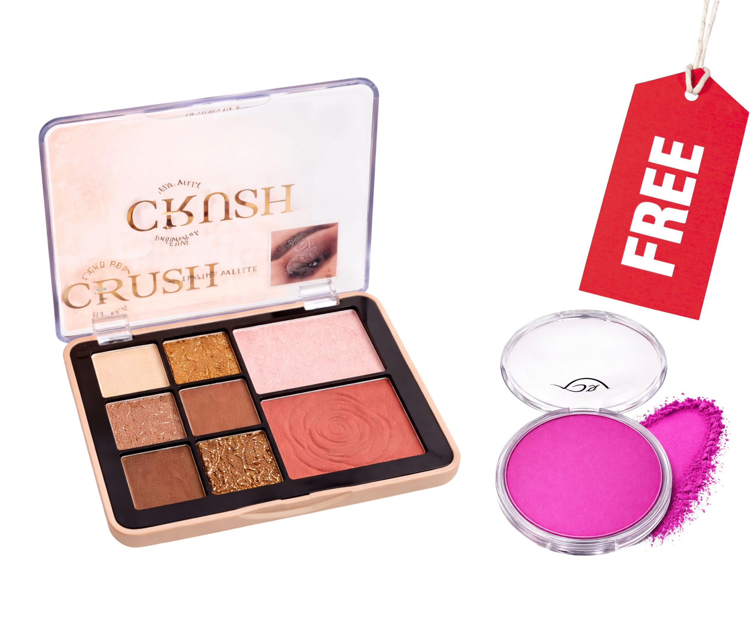 Premium Crush Eyeshadow, Highlighter & Face Blush Palette with FREE Vibrant Magenta Pink Powder Blush Compact | Multi-Functional Eye & Cheek Color Shimmer Glow Promotional Makeup Combo Kit for Women-image-43
