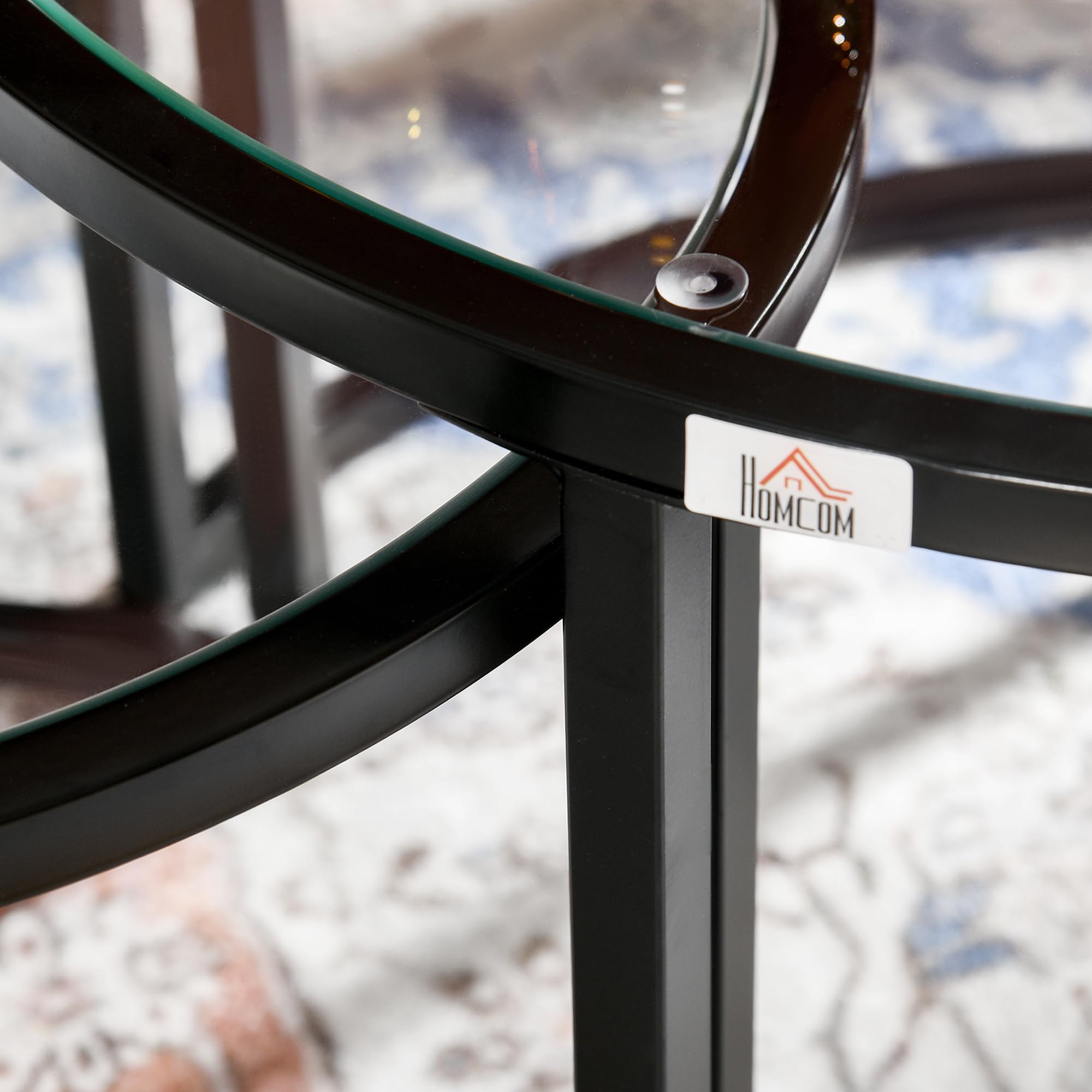 HOMCOM Set di 2 Tavolini da Caffè Impilabili Ø70x47.5cm e Ø54x42.5cm Nero | Sovrapponibili, Tavolini Bassi Rotondi da Salotto, Vetro Temperato e Acciaio, per Soggiorno Camera e Ufficio