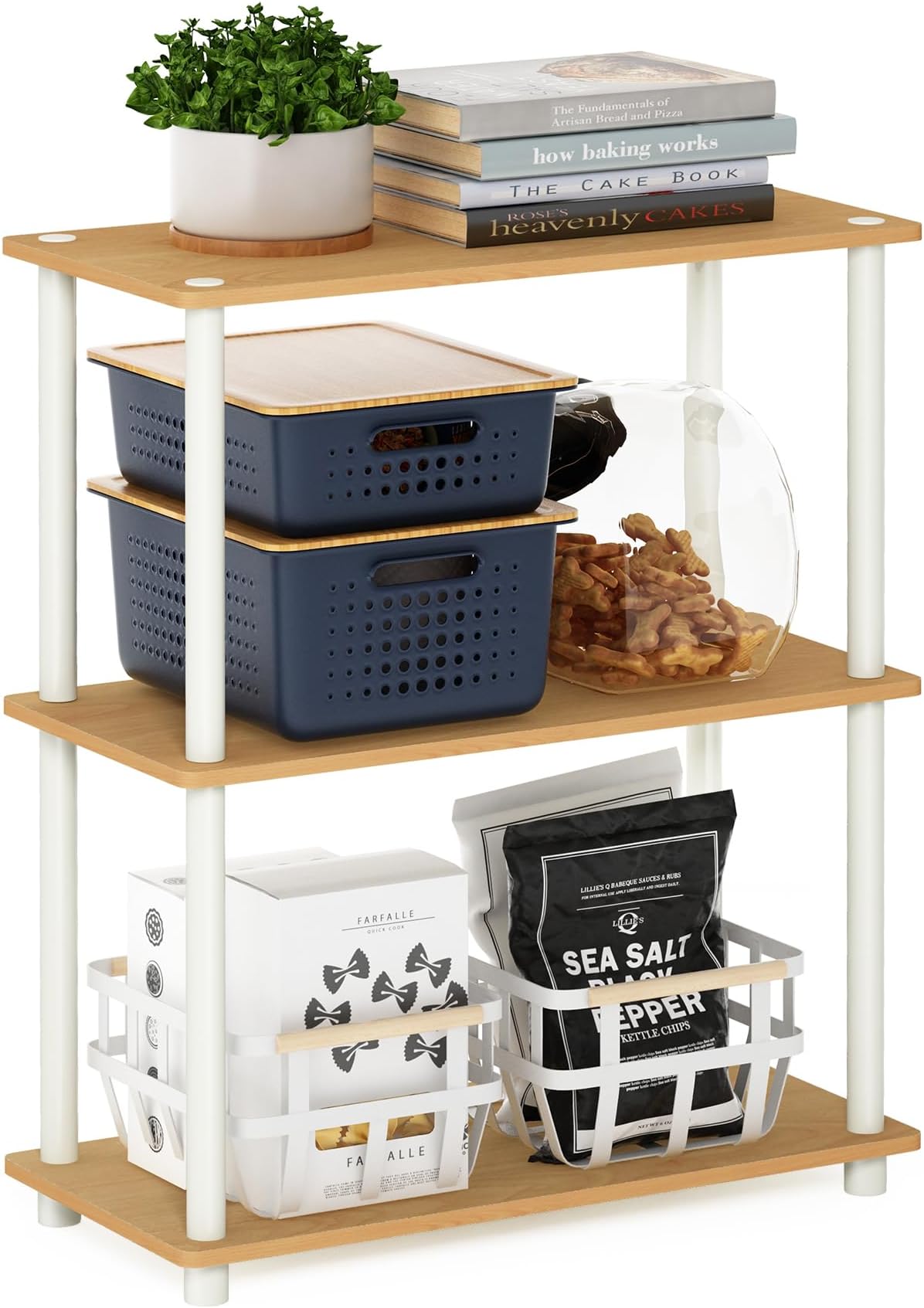 TURN-N-TUBE Storage Shelves, 3-Tier Book Shelf, Corner Shelf, Toolless Open Shelves, for Organization and Storage, Living Room, Garage, Home Office, Beech