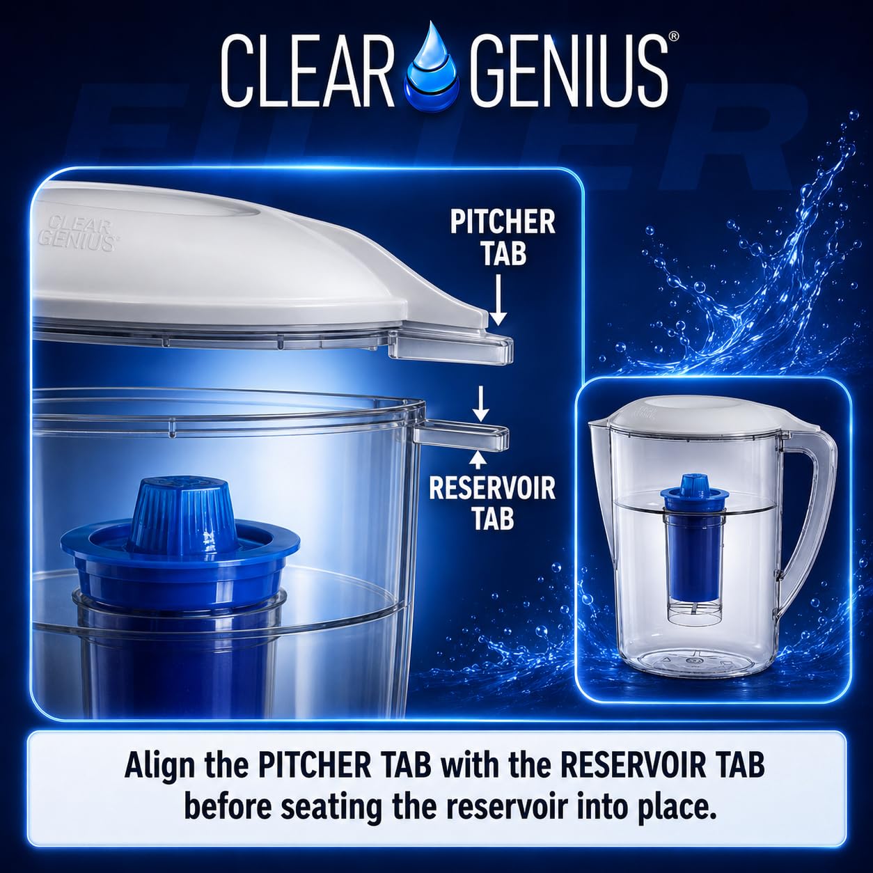 Clara Genius sistema de filtrado de agua jarra FWP-1, incluye reutilizable cartucho de filtro y filtro de recambio de Pod, claro, 6 tazas capacidad