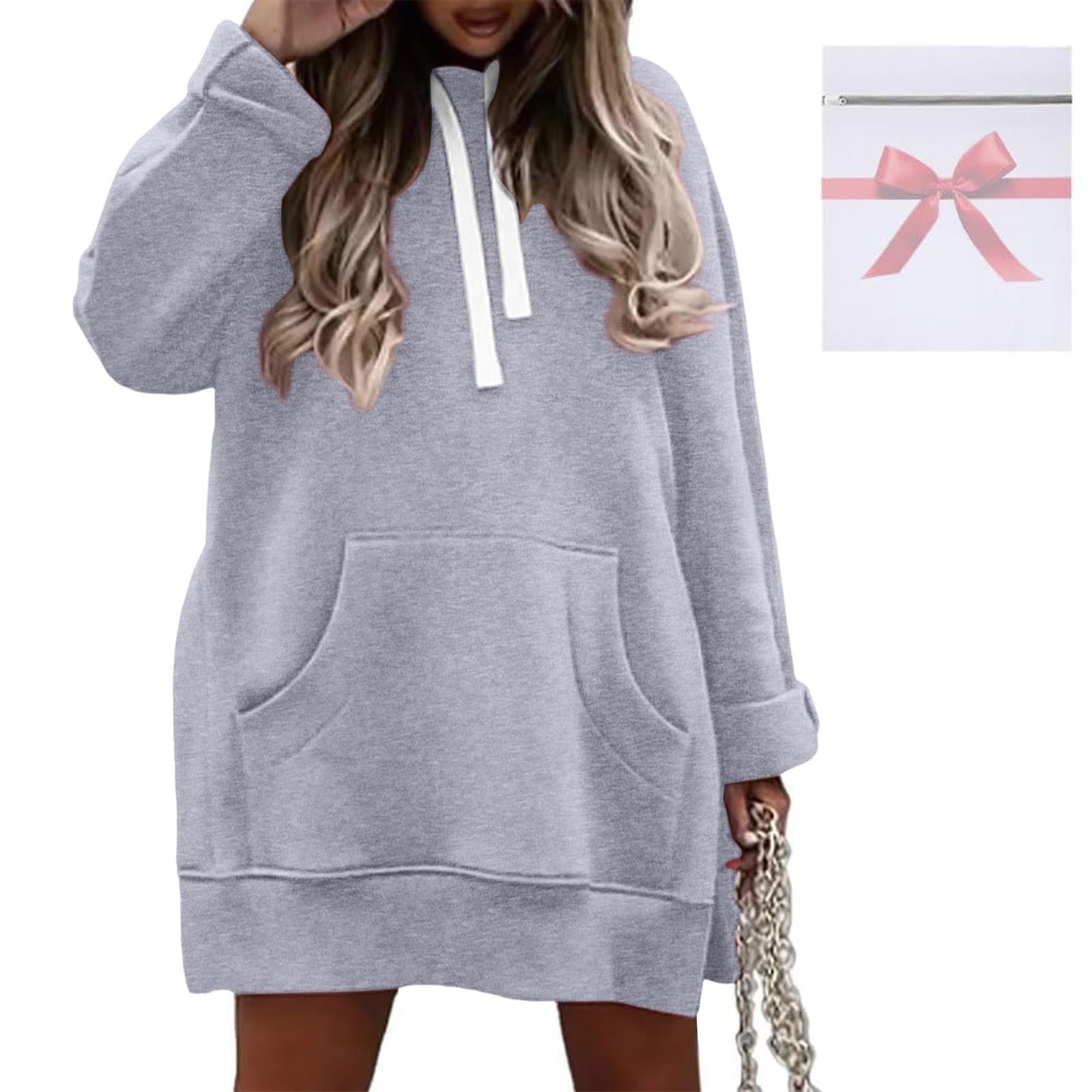 Generisch Comodo abito da donna con stampa natalizia, maniche lunghe, con cappuccio, abito midi con tasche