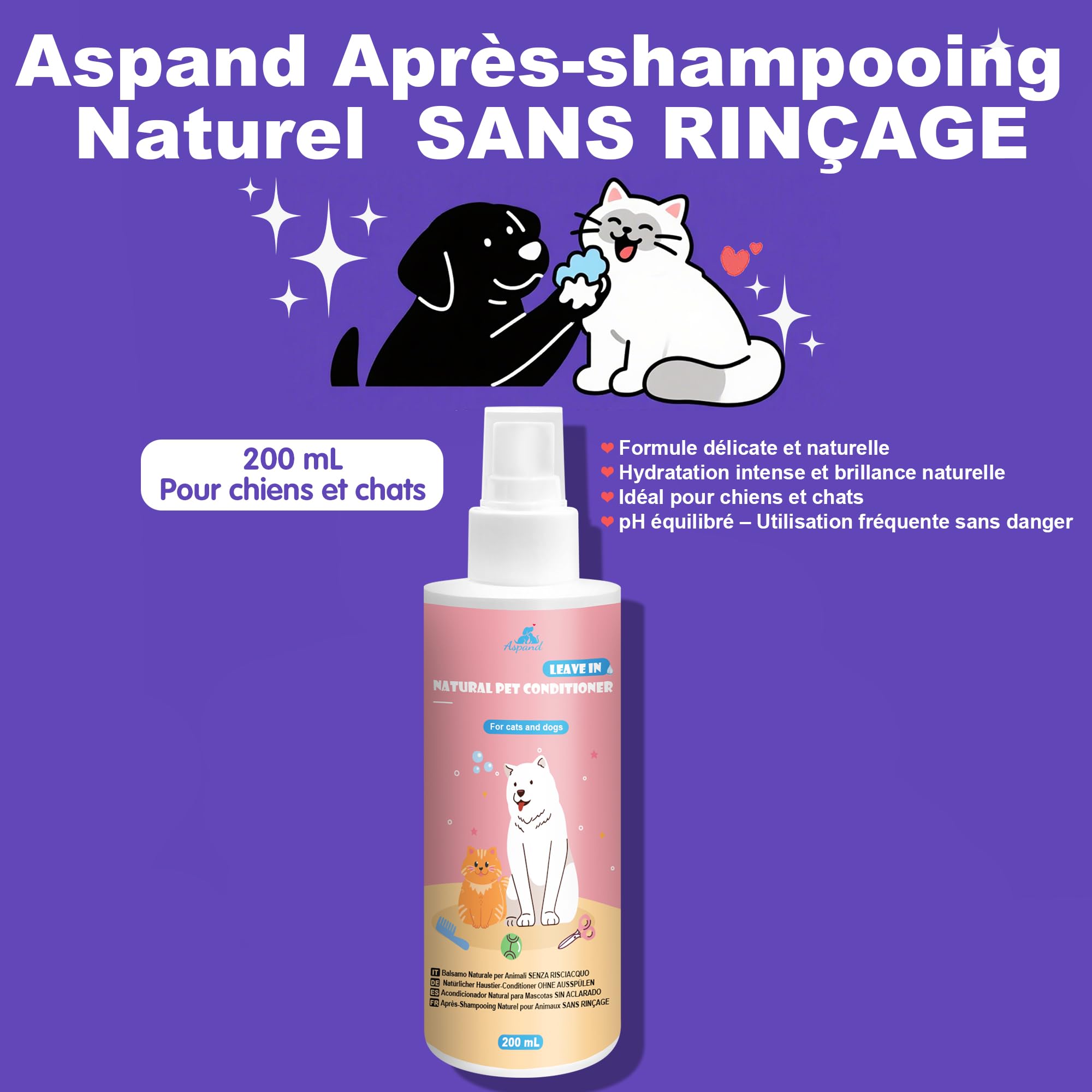 Spray Démêlant pour Chien et Chat, 200ml sans Rinçage, Action Démêlante, Hydratante, Antioxydante Régénérante et Antioxydante, Adapté aux Animaux Domestiques à la Peau Sèche, Irritée, Sensible