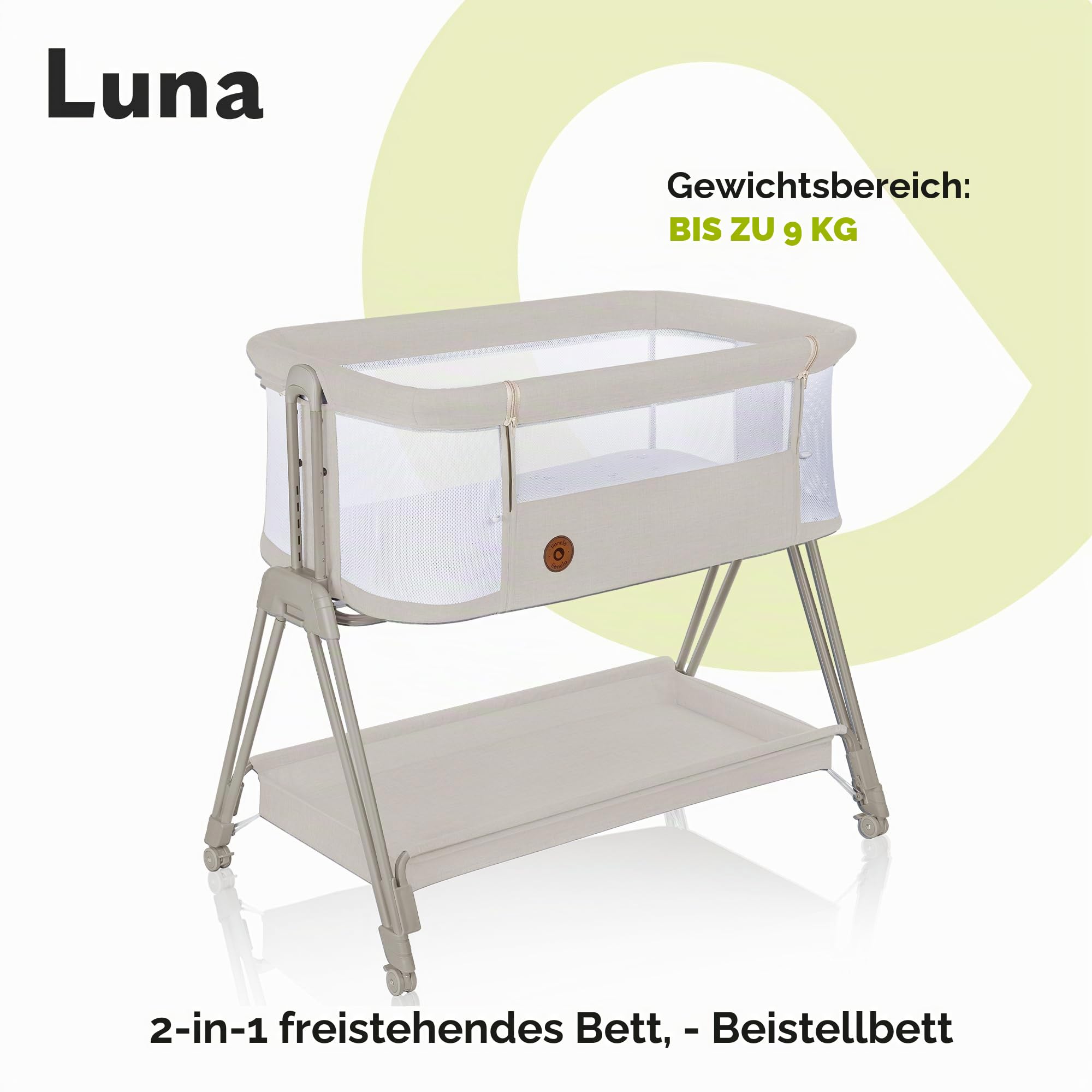 lionelo Aurora 3in1 Baby Nachttisch Co-Sleep für Babys ab Geburt bis 9 kg, verstellbare Höhe und Neigung, Matratze, 4 feststellbare Räder, atmungsaktiv, tragbar, waschbar, Tasche, Gurte (Beige leicht