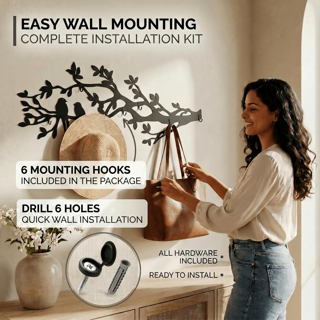 Appendiabiti da parete metallo nero 105 x 40 cm con design a ramo e uccelli — 6 ganci, acciaio verniciato a polvere portata 25 kg, ideale per ingresso, camera e ufficio, attaccapanni da muro