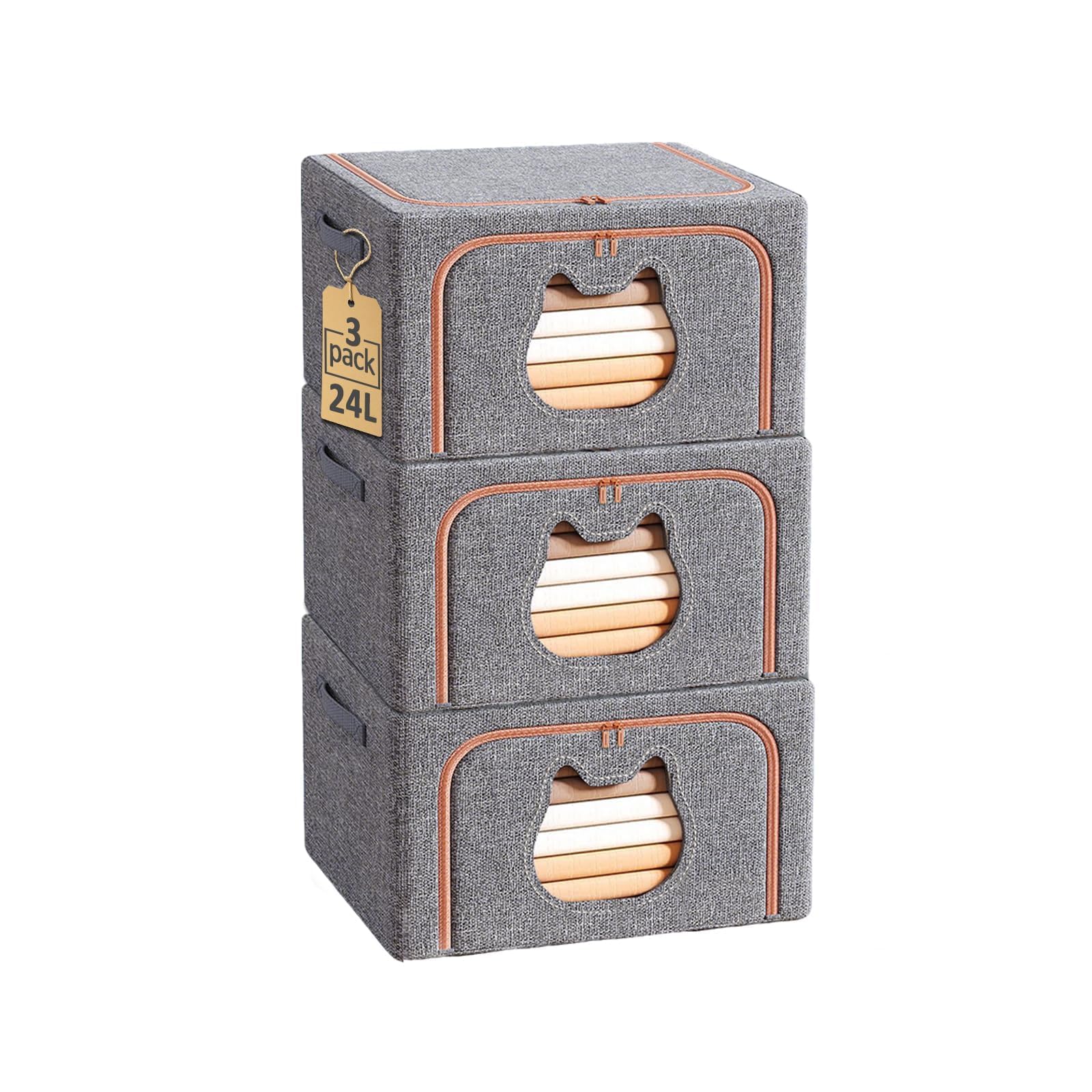 Ruucy 3 Pack Clothes Storage Bag 24L, Foldable Oxford Clothing Storage Boxes with Steel Frame & Clear Windows, Stackable Wardrobe Storage Organiser for Clothes, Bedding, Blankets, Duvet, Grey