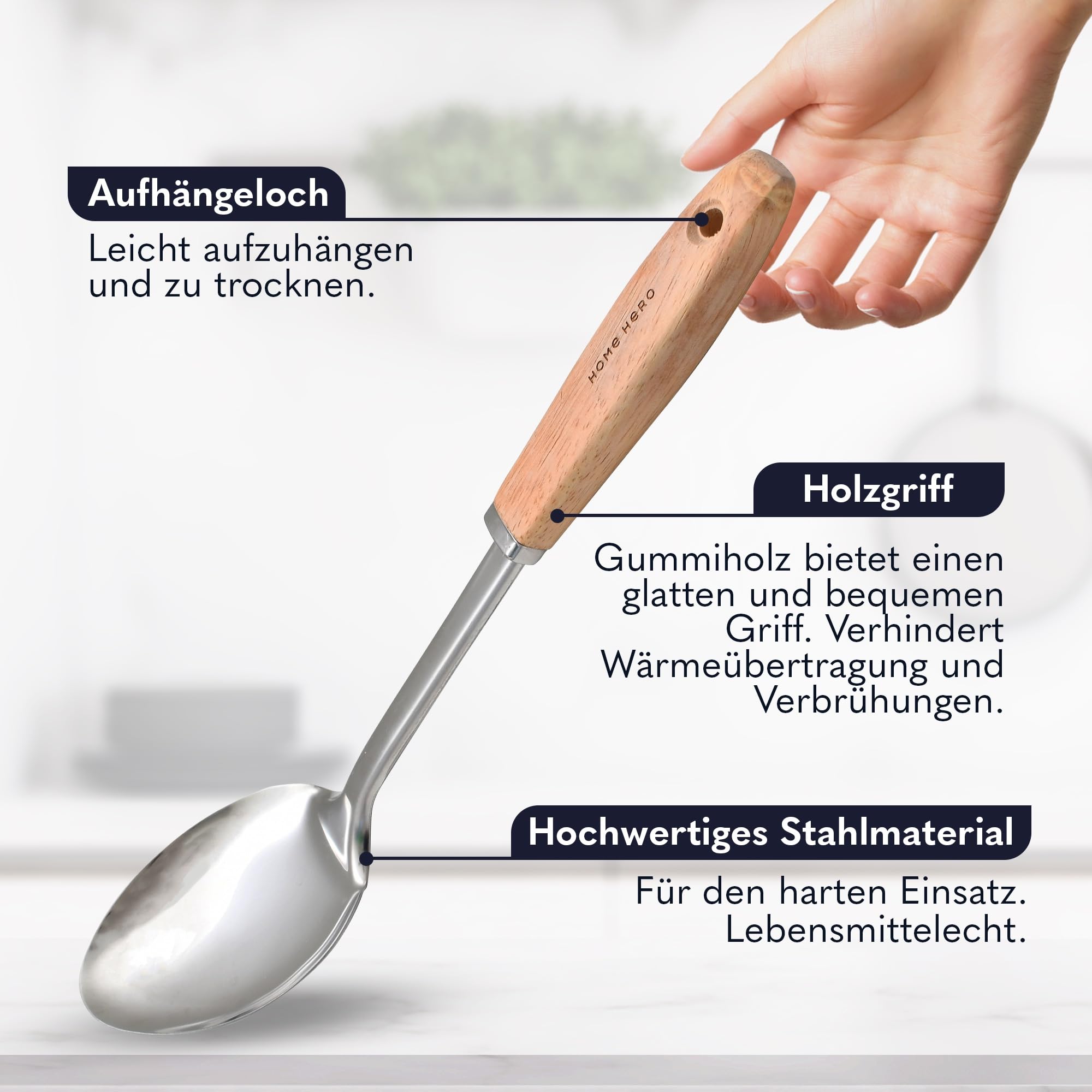 Home Hero Edelstahl-Küchenutensilien-Set - Antihaft-Edelstahl-Kochutensilien-Set - Hitzebeständige Küchenutensilien & Küchenhelfer aus Metall (10 tlg- Holz und Silbe)