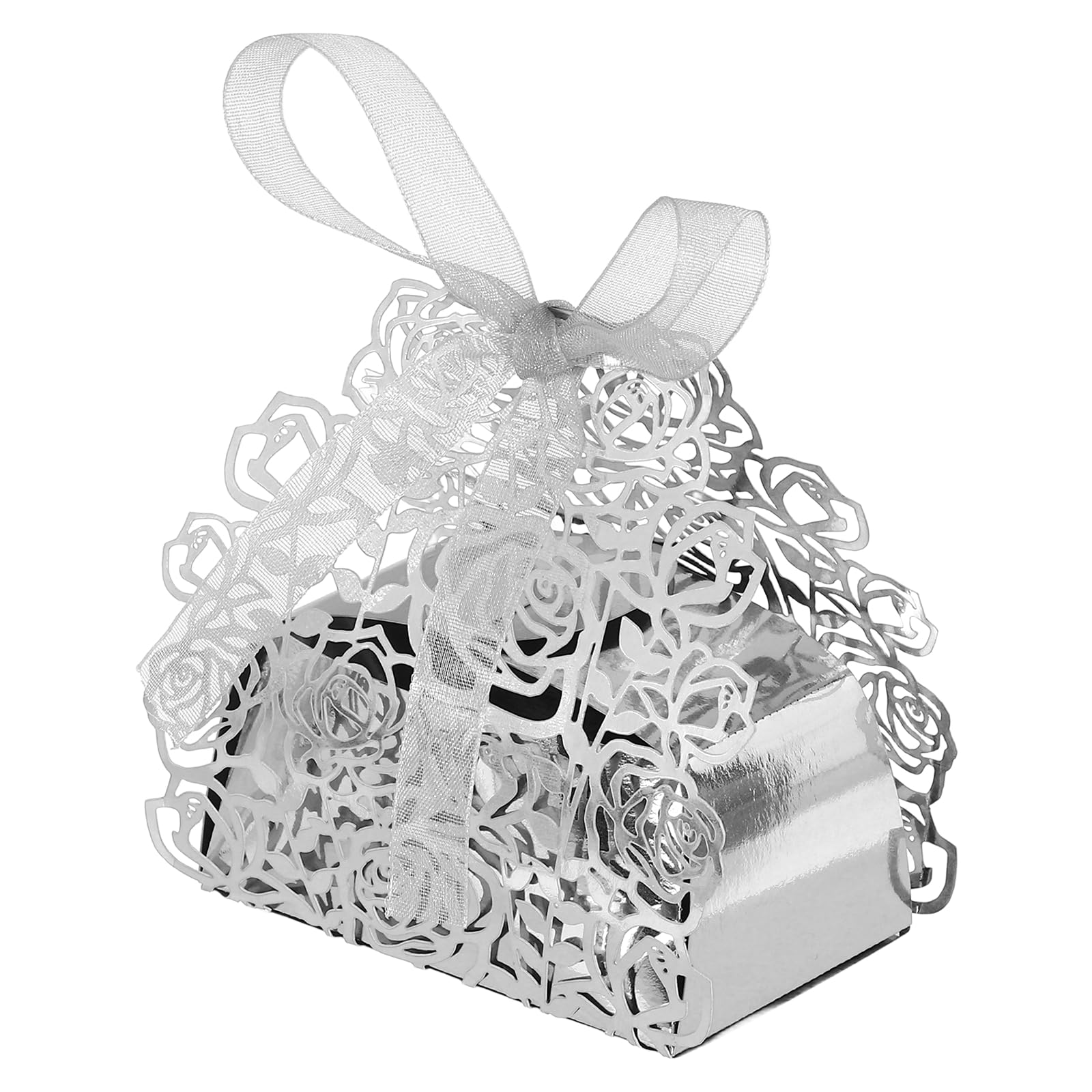PATIKIL Laser Cut Rose Candy Boxes,(Silver) (50Pcs), Creative Romantic Favors Gift Boxes with Ribbons for Wedding/Birthday Party/Anniversary/Baby Shower