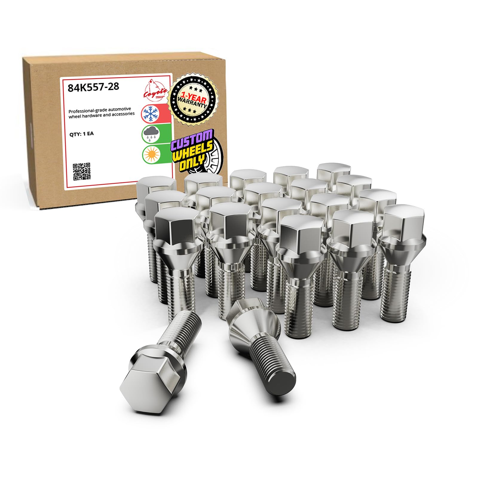 Wheel Accessories Parts 20 Pcs Lug Bolt Set M14 x 1.25 Thread Acorn Seat Lug Bolts Chrome Finish 28mm Shank Length 17mm Hex fits BMW 3, 4, 5, 7, 8 Series, M2, M4, M5, M8, X5, X6, X7