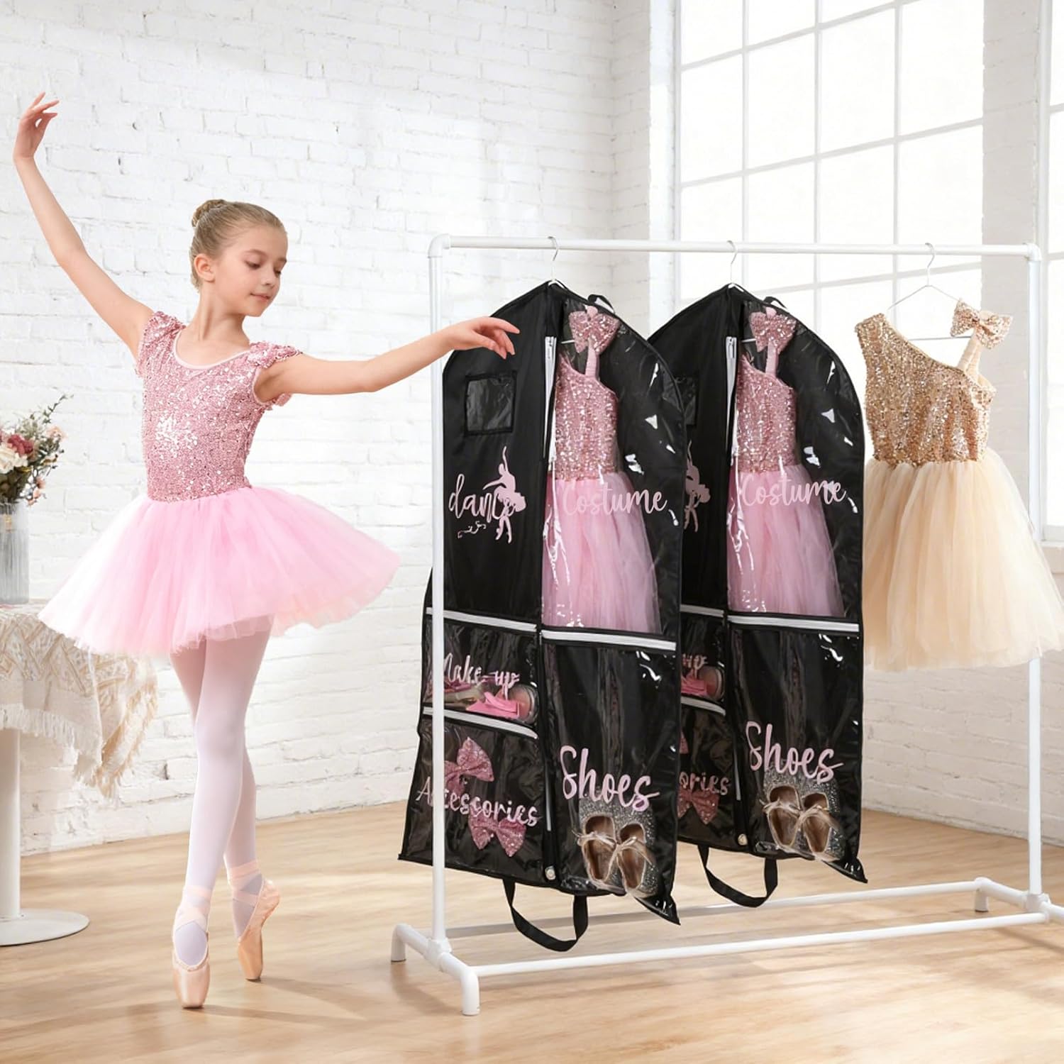 DEEKA Dance Garment Bag for Hanging Clothes with Zipper Pockets Dance Accessories Essentials Uniform Costume 40 Inch Dress Bags for Dance Competition Girls (Black,Pink-Dance) - Image 5