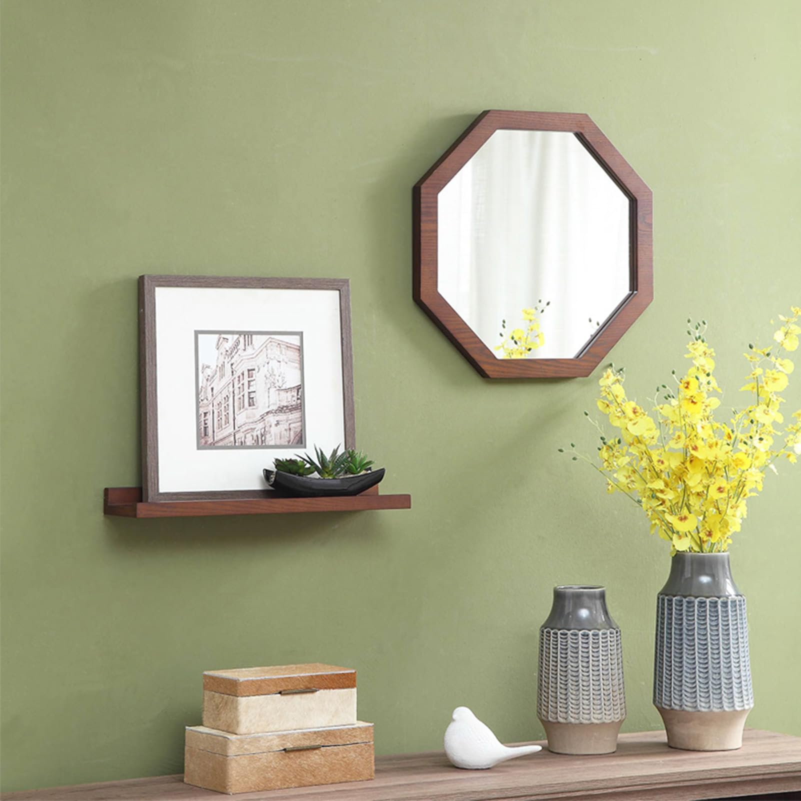 Achteckiger Wandspiegel Walnuss, Kleiderholz -Holzrahmen für Waschtisch und Rasur, Elegantes Dekorbad Wohnzimmer Walnut,40cm