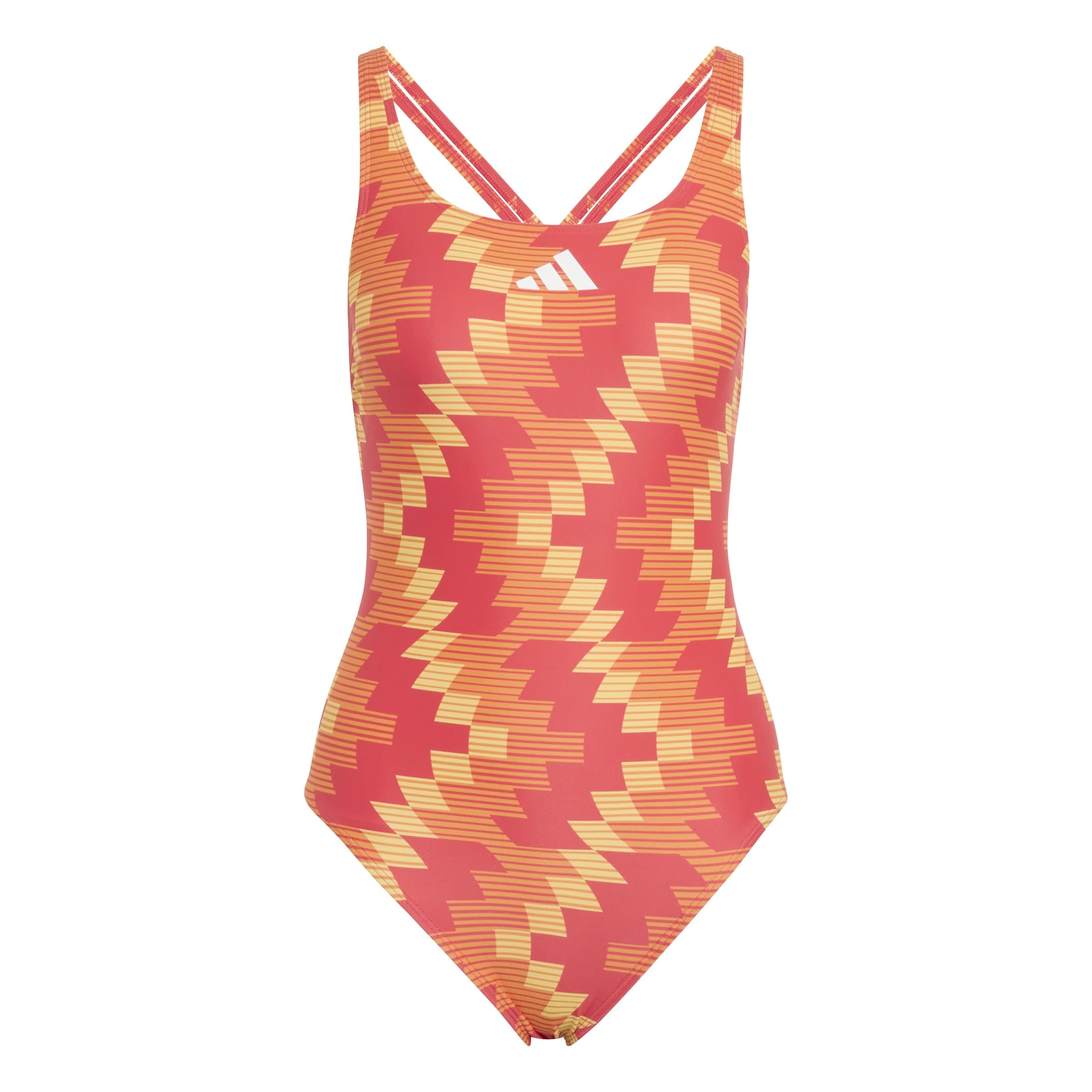 adidas Women's Football-Inspired V-Back Graphic Swimsuit Swimwear, Lucid red, 40"