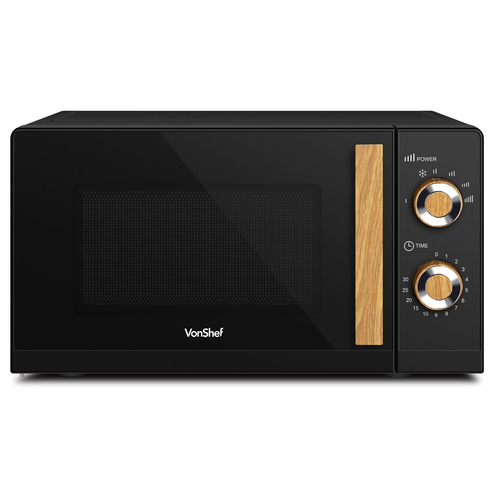VonShefMicrowave 20L 700W - Compact Solo Microwave, 6 Power Levels, Black & Wood Effect, Nordic Design, Large Capacity, Defrost Function, Turntable System & Rotator Ring, Clock & Timer - Fika Range