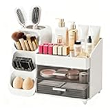 Makeup Organizer with Brush Holder for Vanity, Spacious Cosmetic Display Case with 2 Drawers, The Perfect Bathroom Vanity Organizer for Beauty Essentials, Skincare, Lipsticks