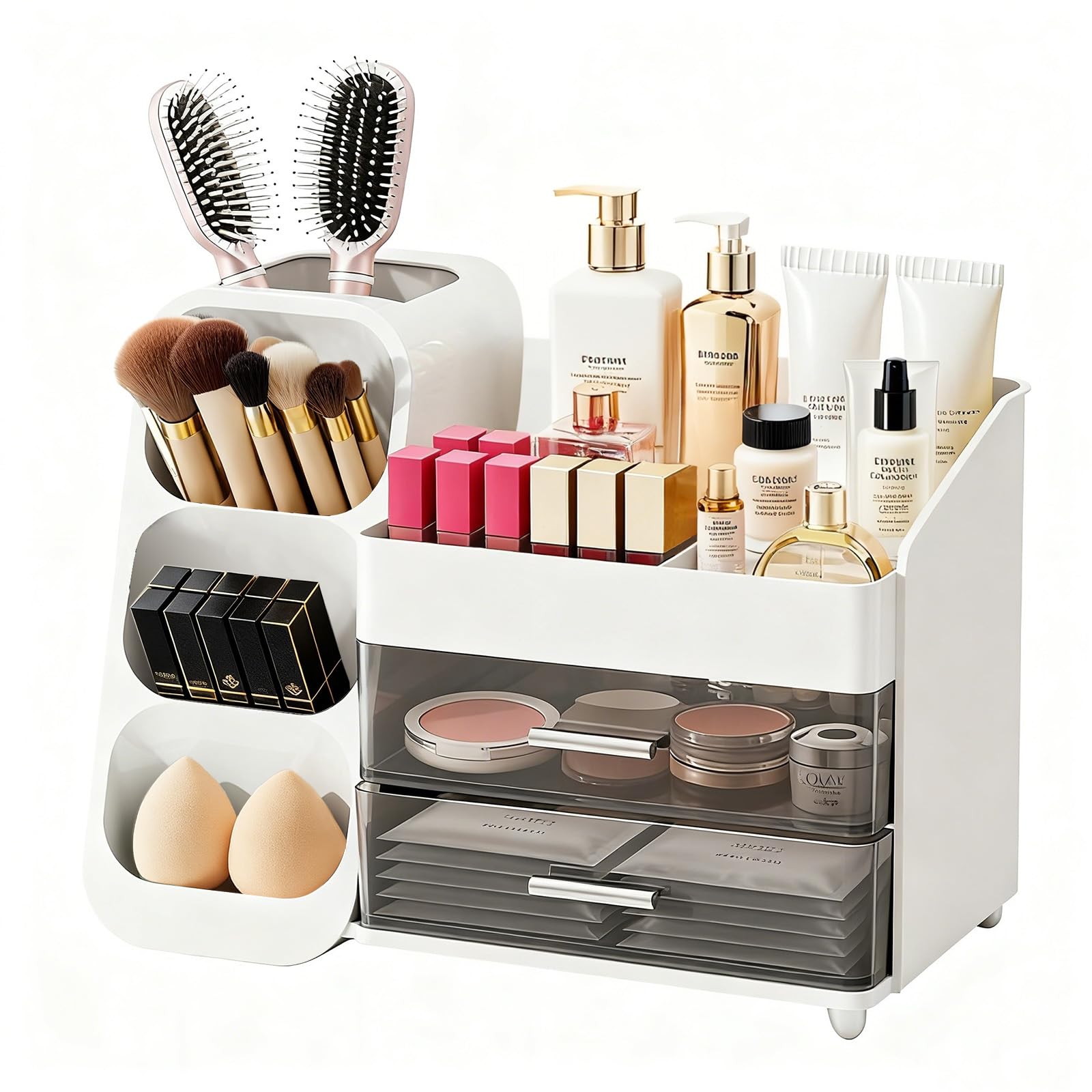 Make-up-Organizer mit Pinselhalter für Schminktisch, geräumige Kosmetikvitrine mit 2 Schubladen, der perfekte Badezimmer-Organizer für Beauty-Essentials, Hautpflege, Lippenstifte
