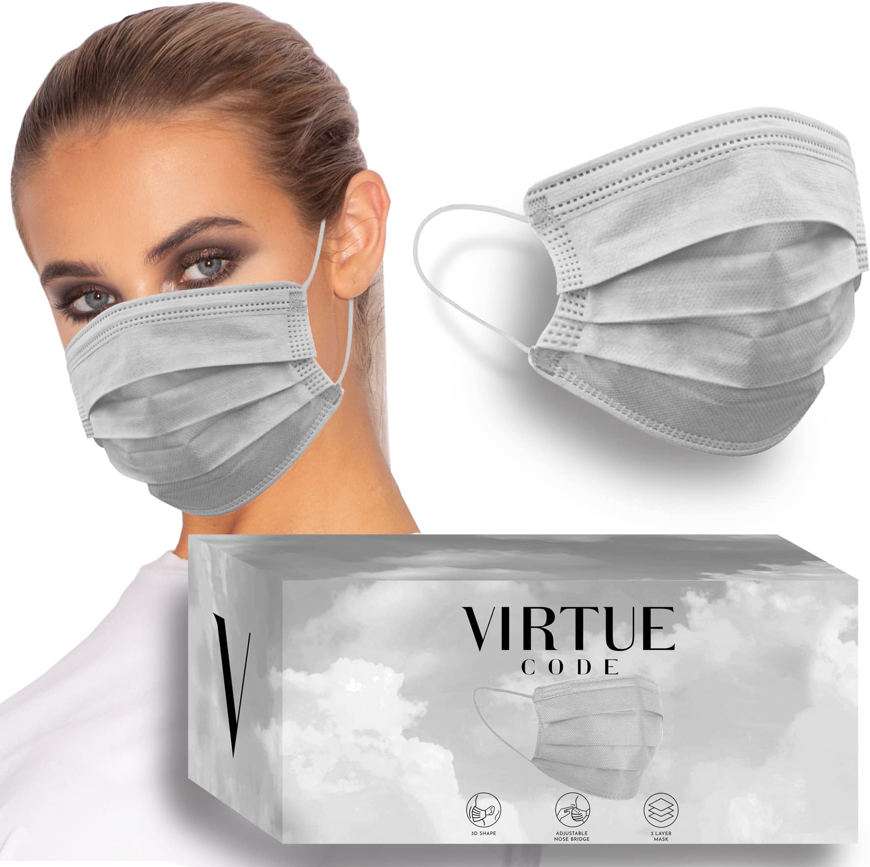VIRTUE CODE On The Go Curved Face Masks - Soft 3 Ply Comfort 50 Disposable Face Masks