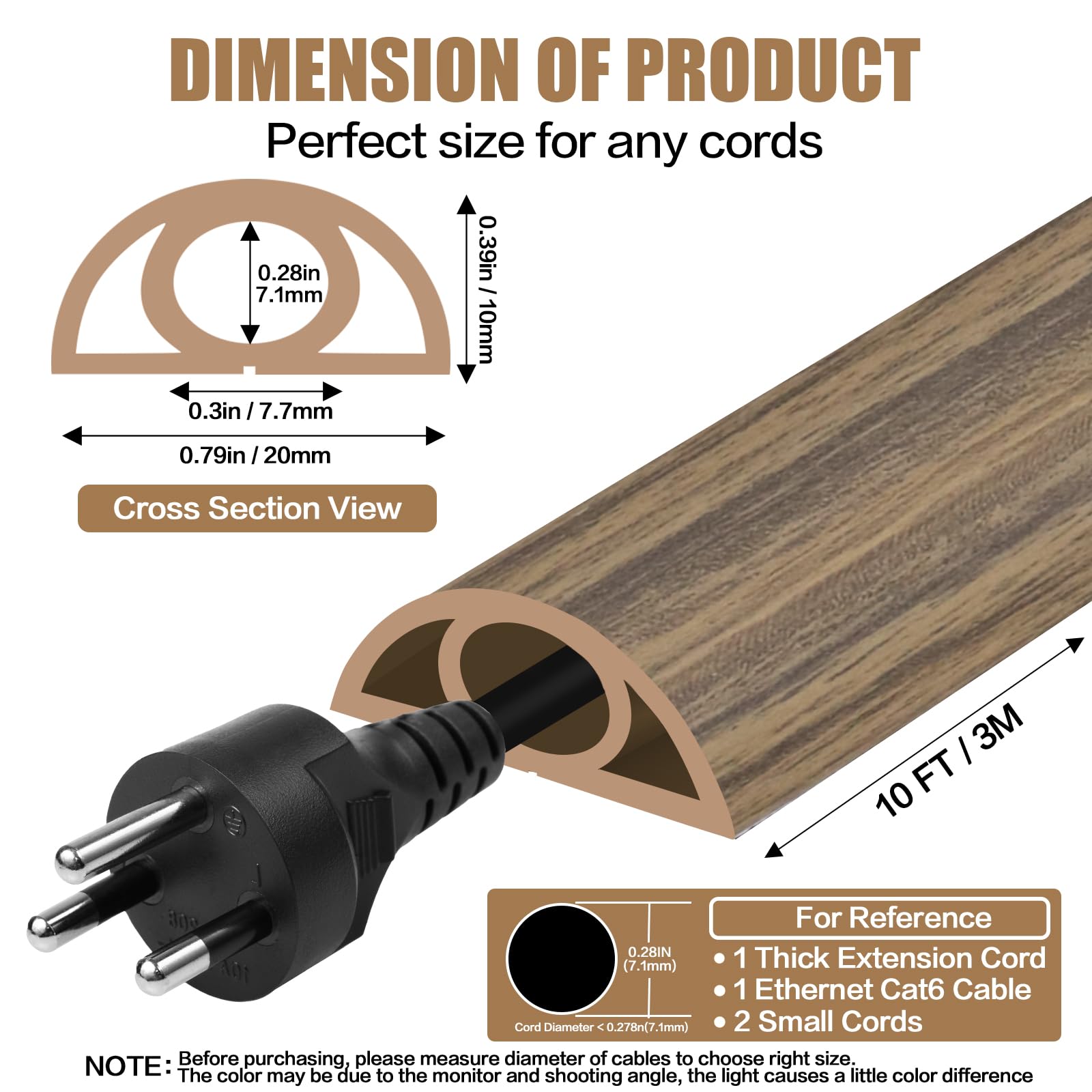 Cubierta de cable de suelo, 0.3 x 0.27 pulgadas, autoadhesiva, para suelo, 3 m, para gestión de cables de suelo, protector de cables eléctricos para oficinas, gimnasio, exposiciones, madera, marrón