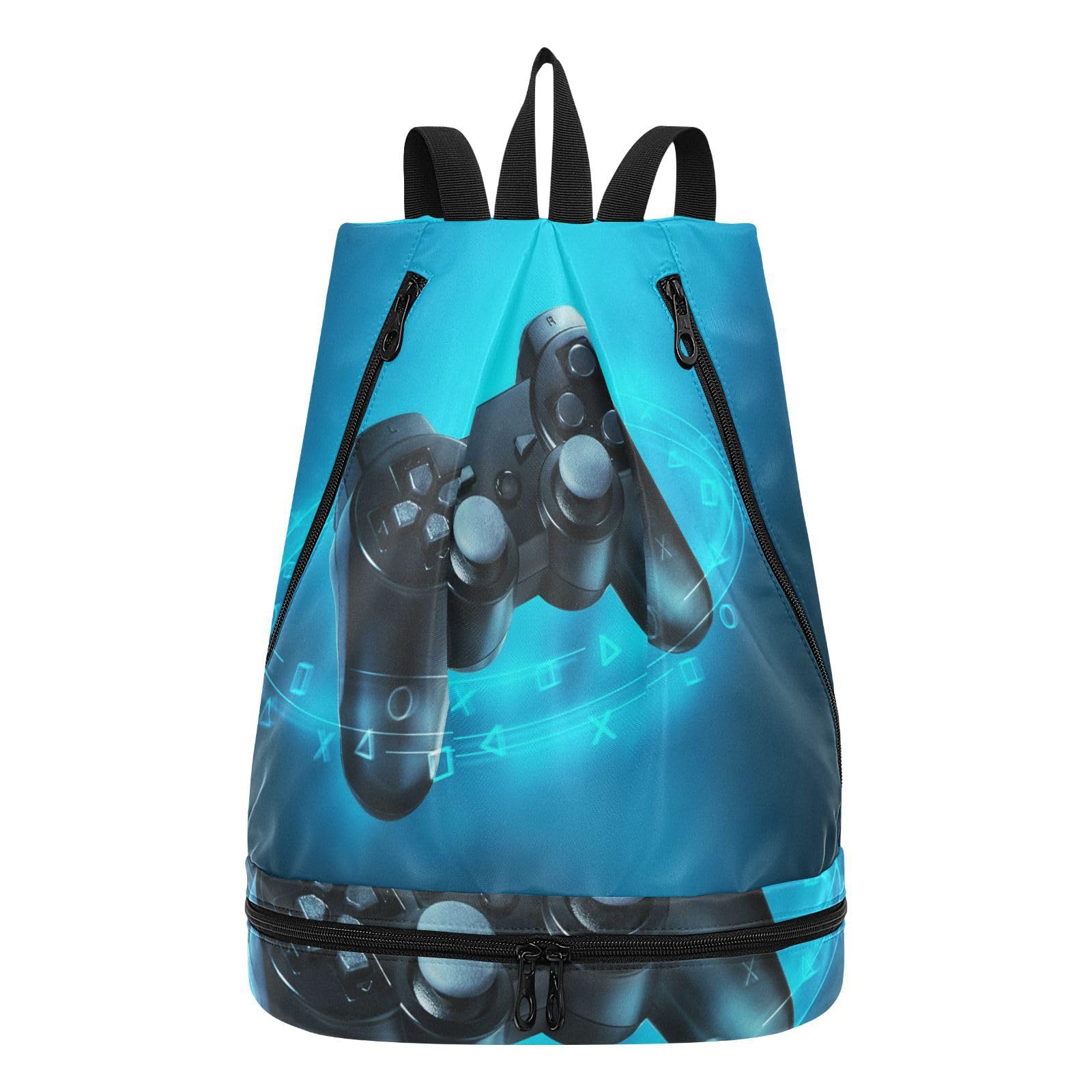 Poeticcity Gym Swimming Drawstring Bags Daypacks Backpack Purse Casual Knapsack Shoulder Bag Sitting Rucksack Video Game Controller and Blue Light on Blue Background