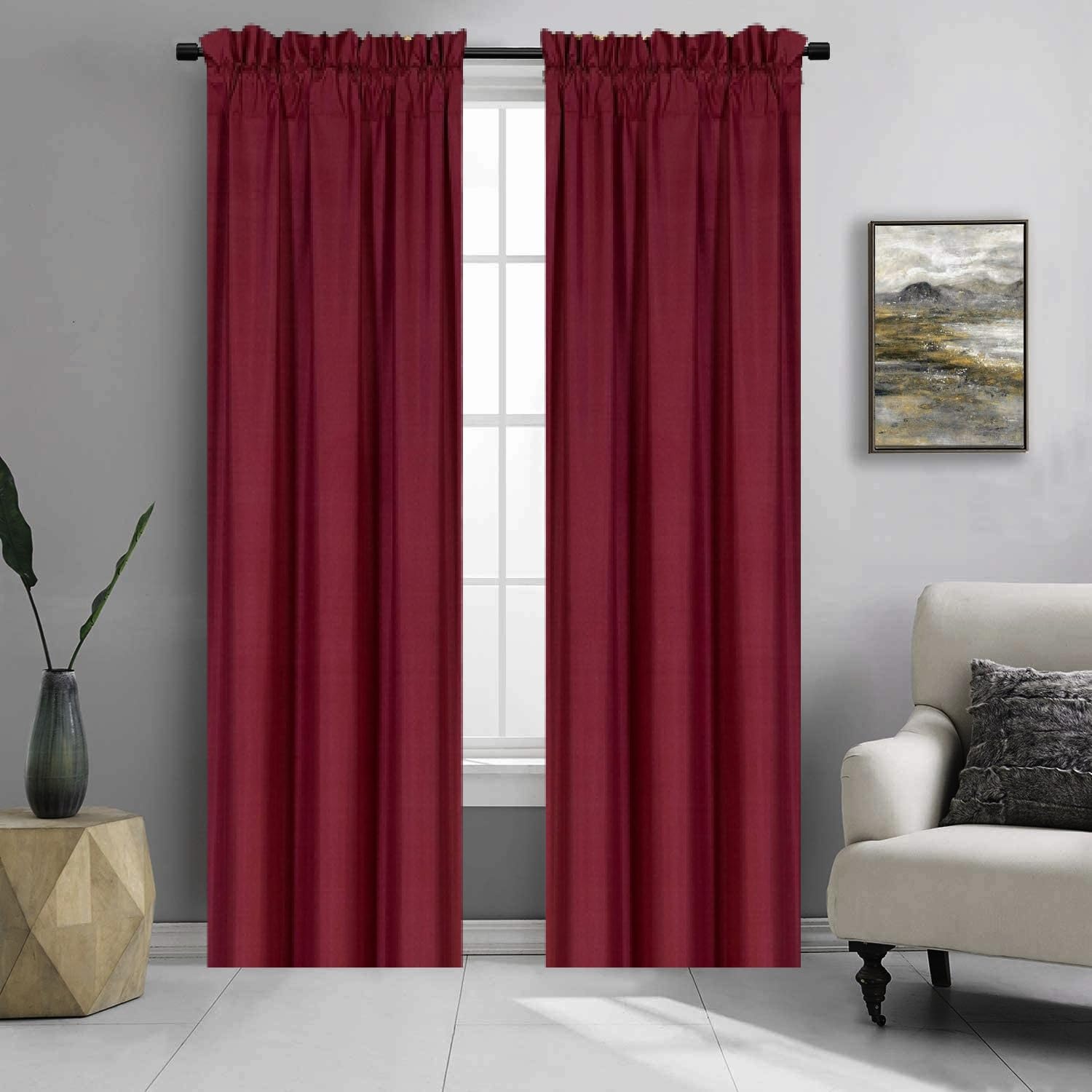 2 Pieces Window Curtain Smooth Microfiber Texture Solid Lined Rod Pocket Blackout 95" R64 (Dark Red Burgundy)